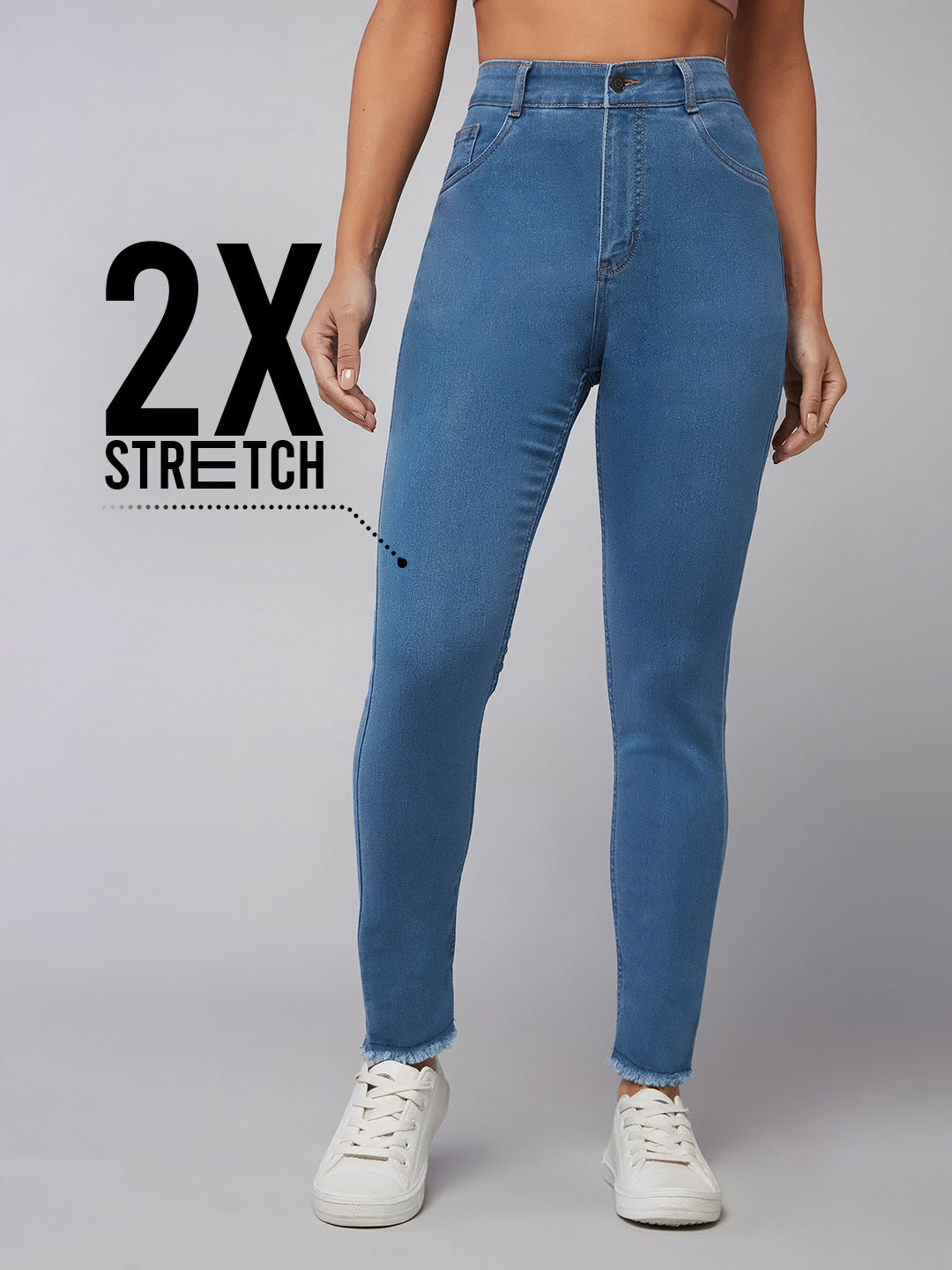CHASEstretch™ Blue Skinny High-Rise Cropped-Length Fringe Denim Jeans