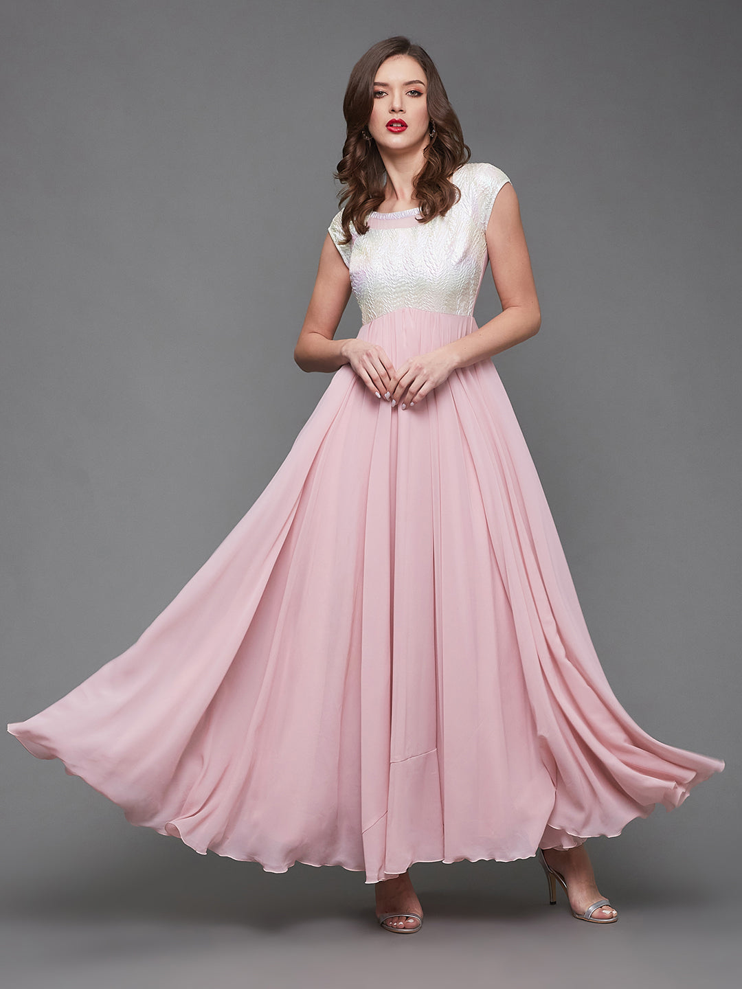 Dusty Pink Cap Sleeves Fit and Flare Maxi Dress Long Dress Frock for Women