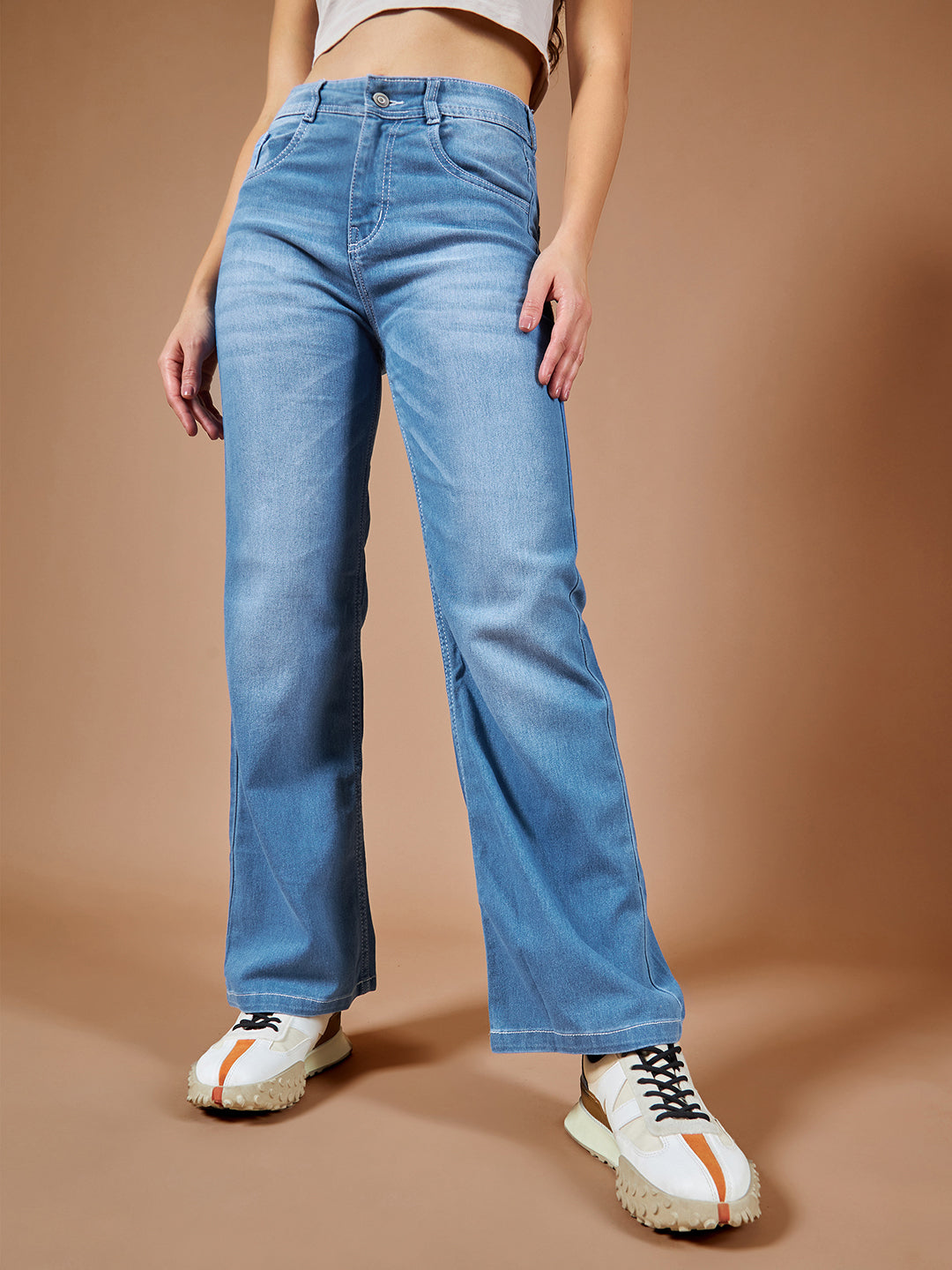 Women's Light Blue Wide-Leg Mid Rise Clean Look Regular Length Blast Effect Denim Jeans