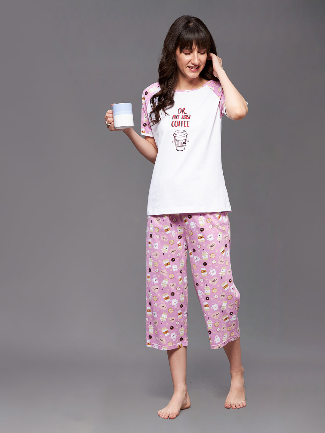 Women's White and Pink Round Neck Short Sleeve Printed Regular Top and Capri Set