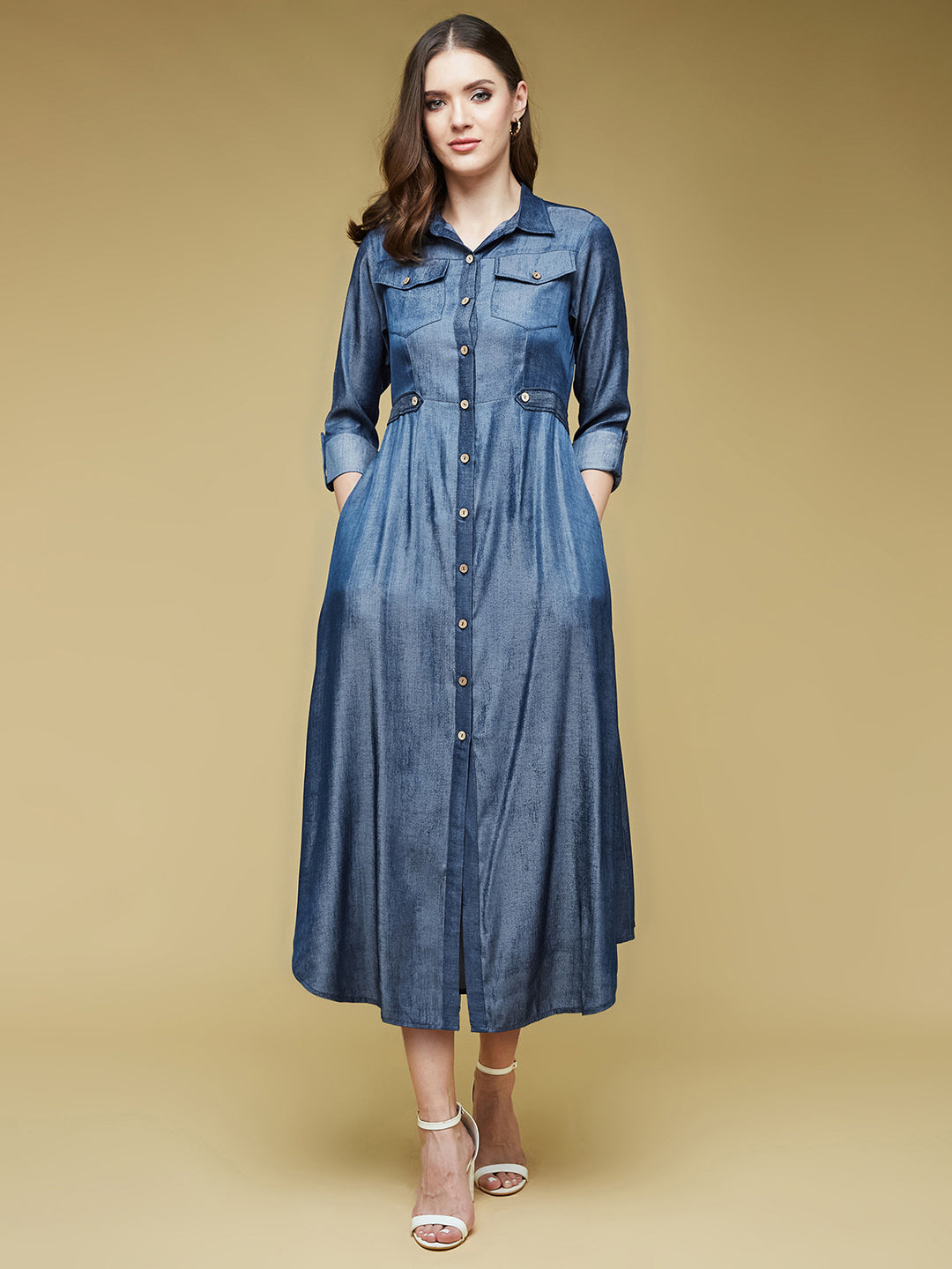 Women's Blue Shirt Collar 3/4 Sleeve Solid Midi Polyester Shirt Dress