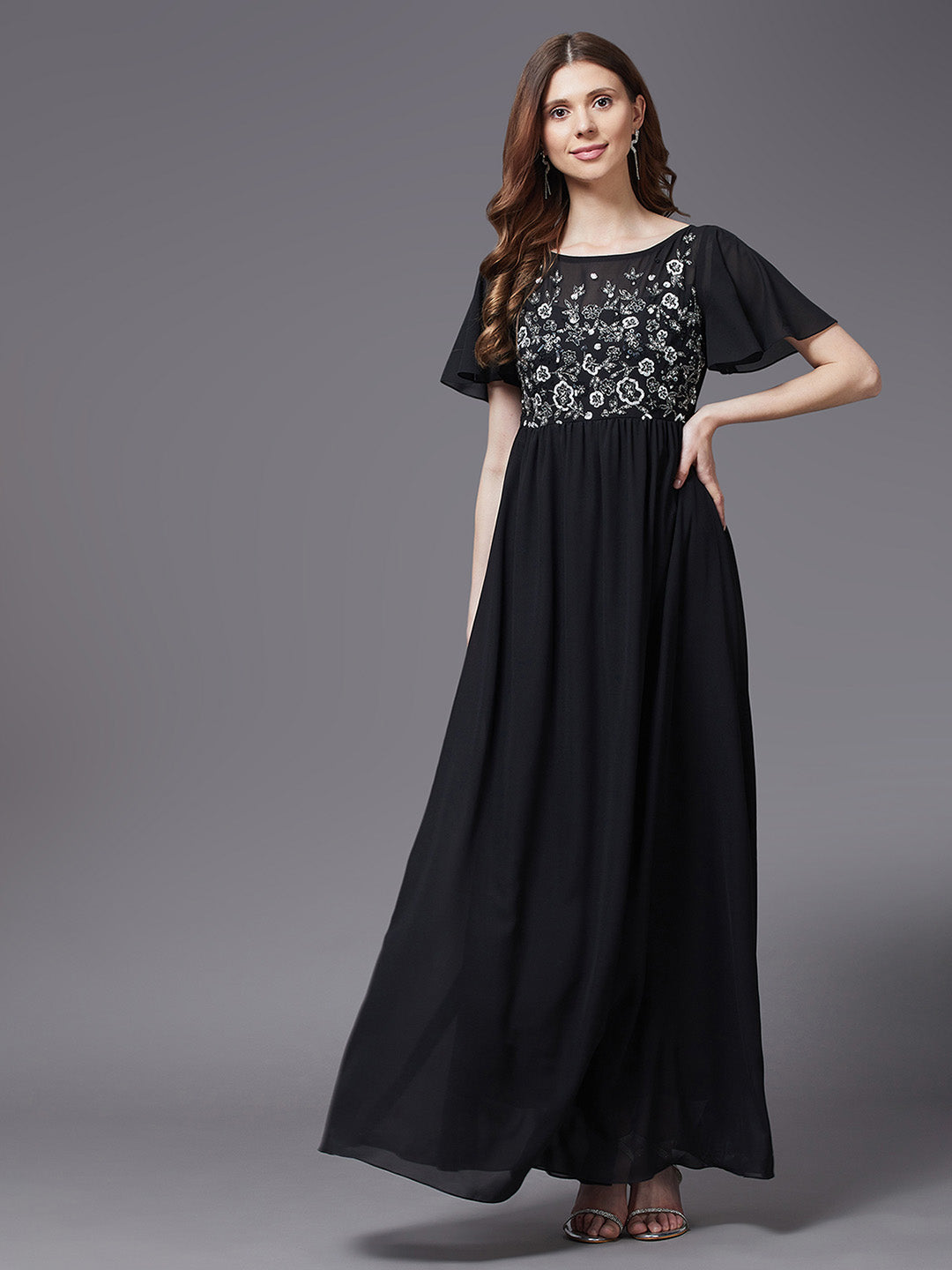Black Flared Sleeves Fit and Flare Sequinned Maxi Dress for Women