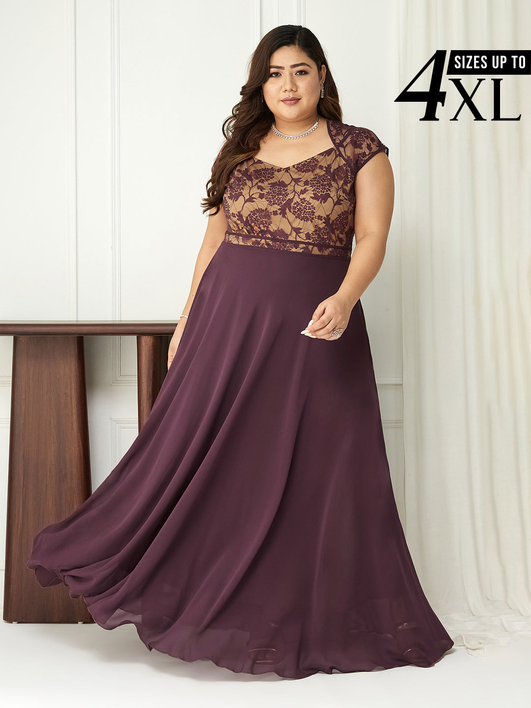 Mauve Floral Cap Sleeves Fit and Flare Lace Maxi Dress for Women
