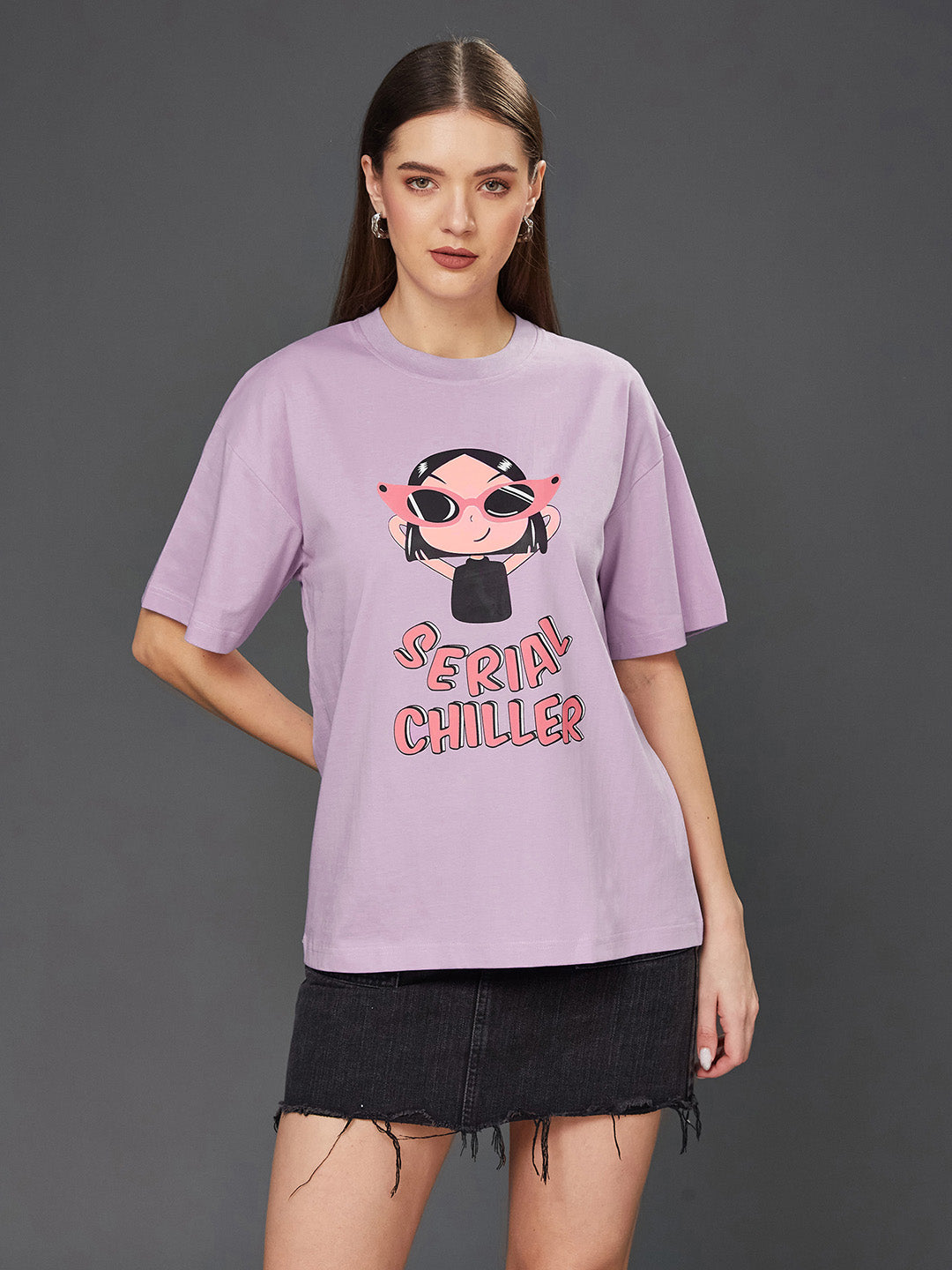Women's Lavender Round Neck Half-Sleeve Cartoon-Printed Regular-Length Oversized Cotton T-Shirt