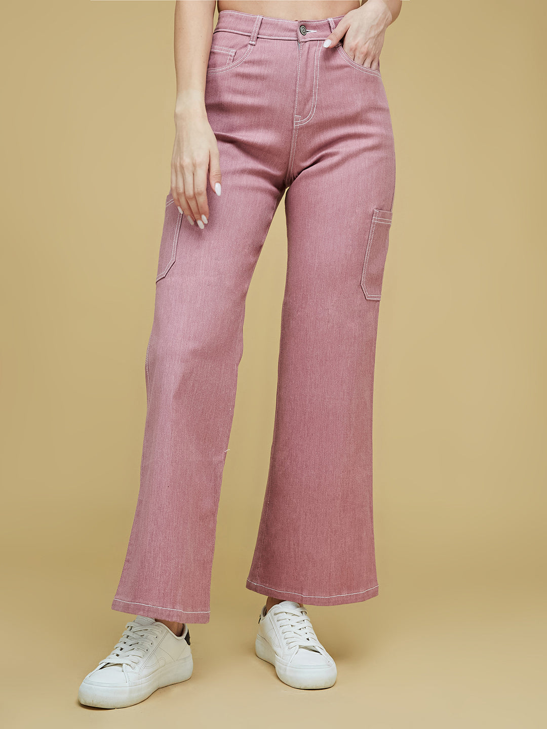 24/7 Comfort Dusty Pink Wide-Leg High-Rise Clean-Look Regular-Length Stretchable Denim Pants