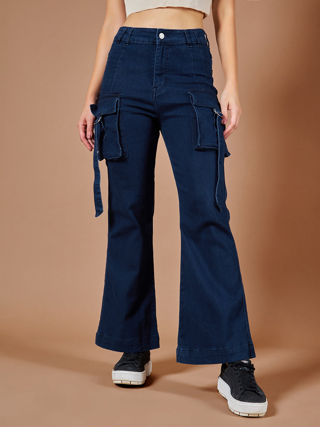 24/7 Comfort Navy-Blue Bell-Bottom Bootcut Hourglass High-Rise Stretchable Denim Jeans