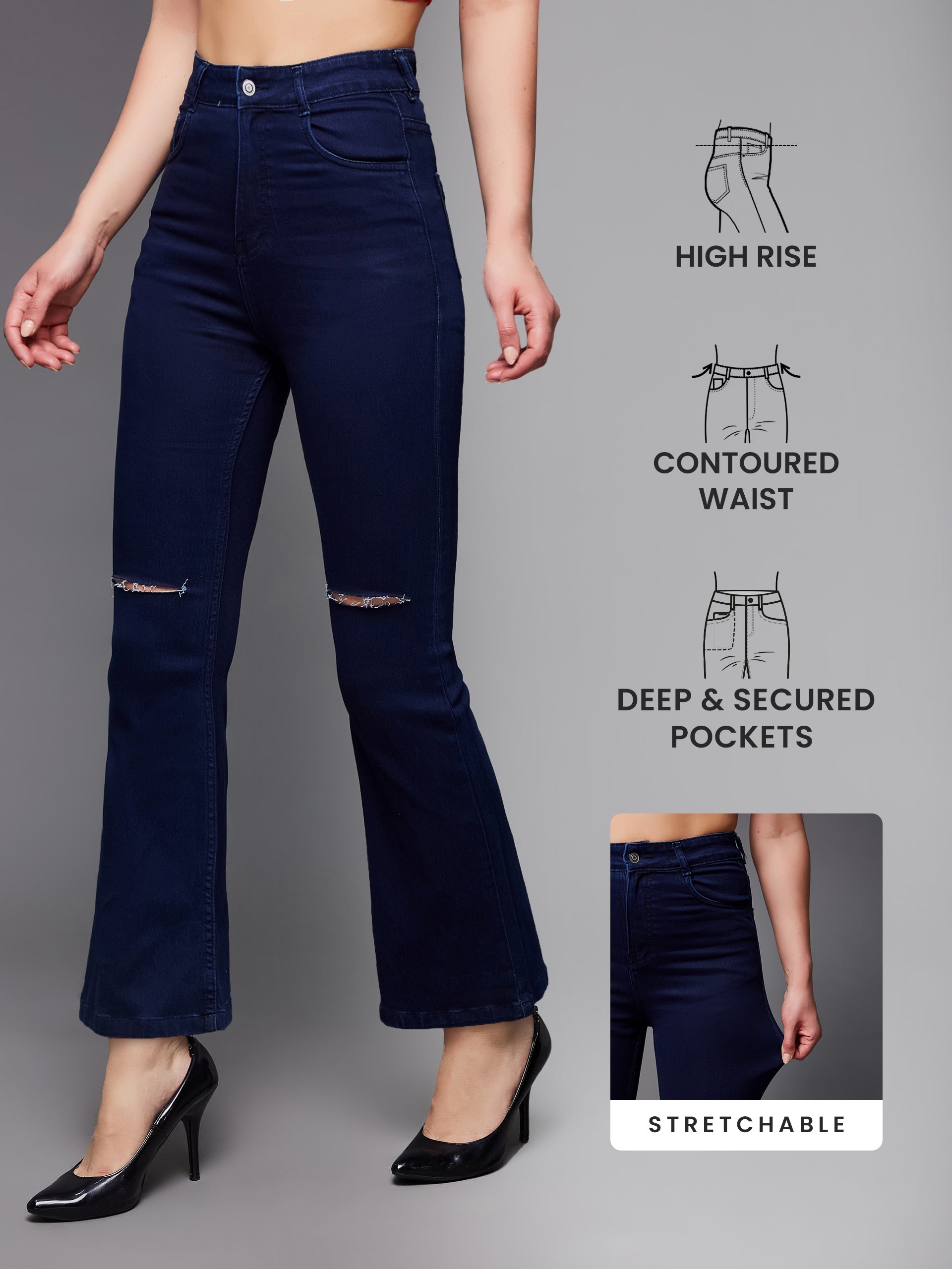 24/7 Comfort Navy-Blue Bell-Bottom Bootcut High-Rise Stretchable Denim Jeans