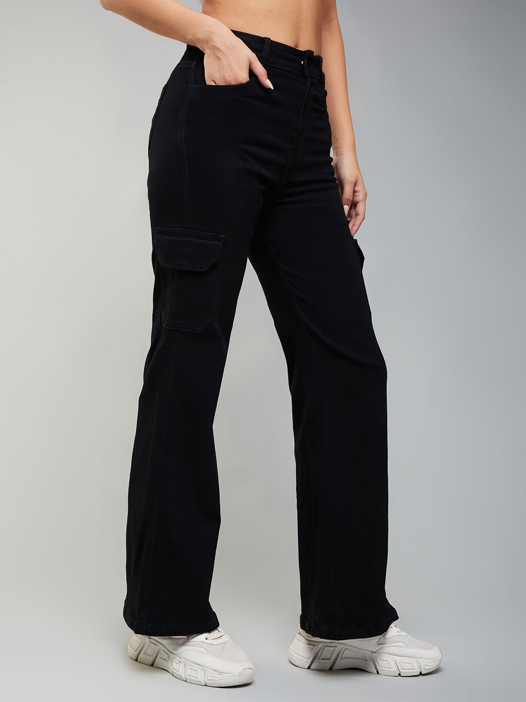 24/7 Comfort Black Wide-Leg High-Rise Patch Pocketed Stretchable Denim Jeans