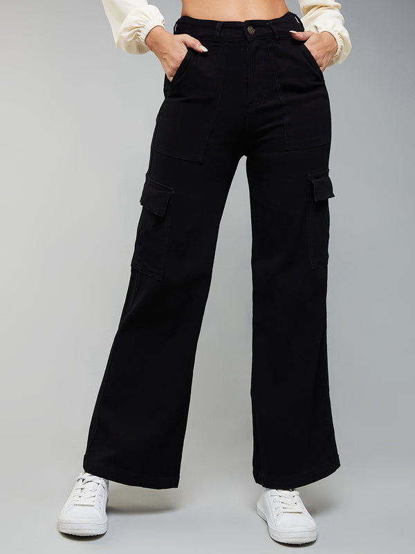 Women's Black Wide-Leg High-Rise Clean-Look Regular-Length Stretchable Denim Cargo Jeans