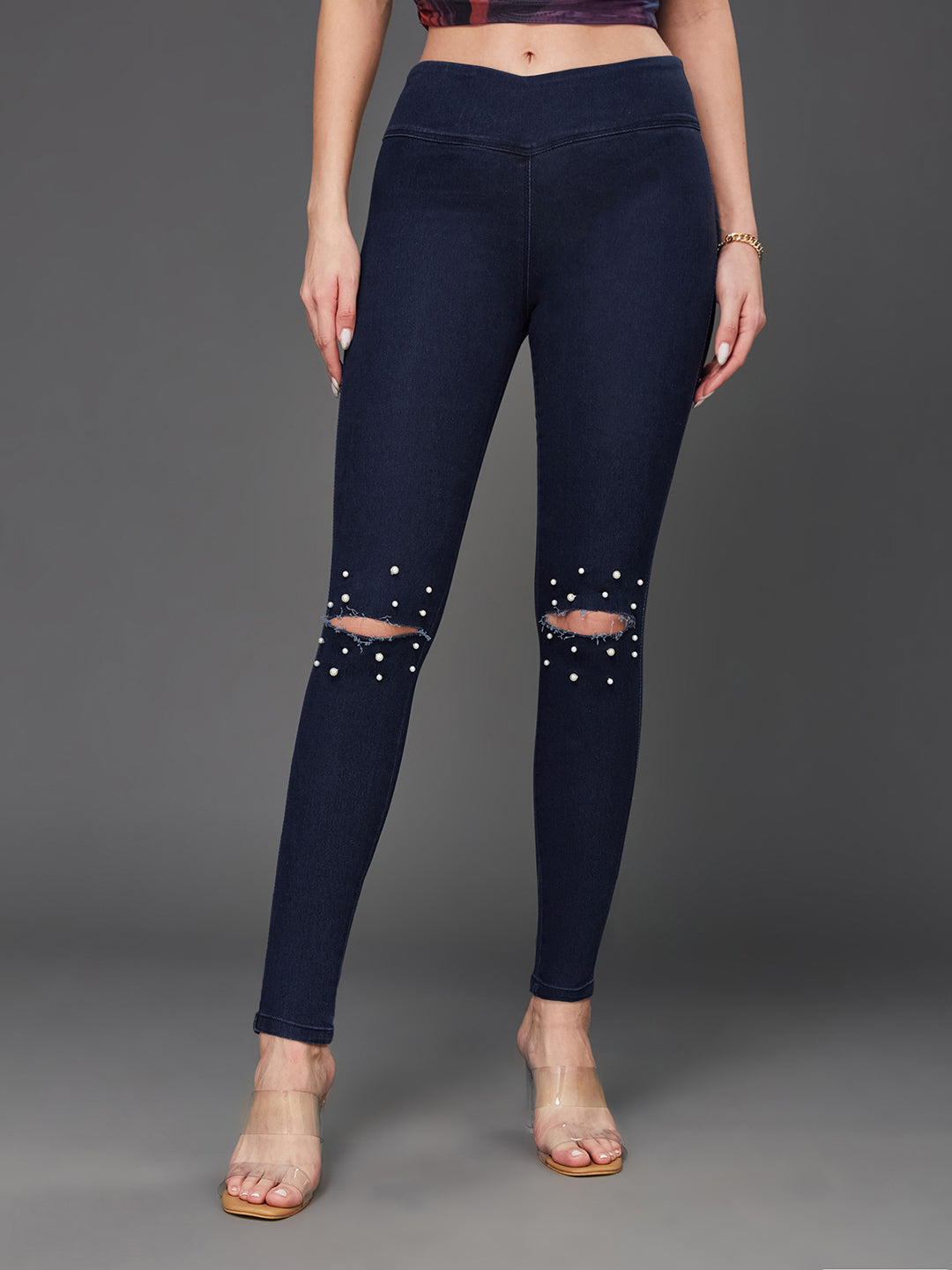 Women's Navy-Blue Super Skinny High-Rise Clean-Look Regular Length Knee-Slit Embellished Stretchable Denim Jeggings