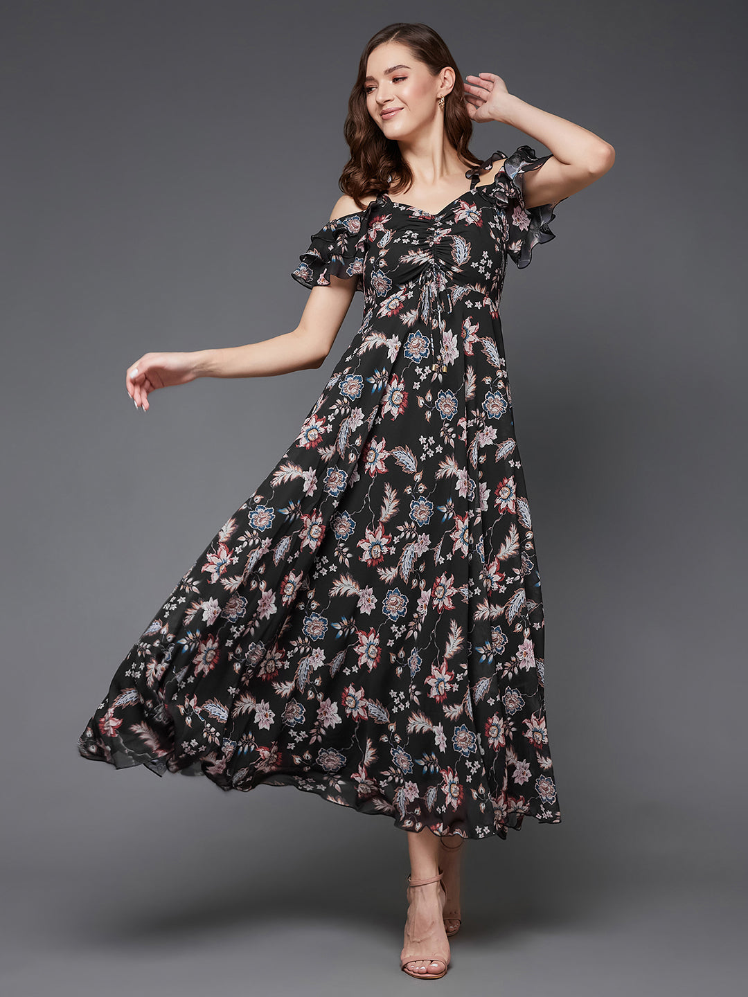 Women's Multicolored-Base-Black Sweetheart Ruffled Floral Cut-Out Maxi Dress