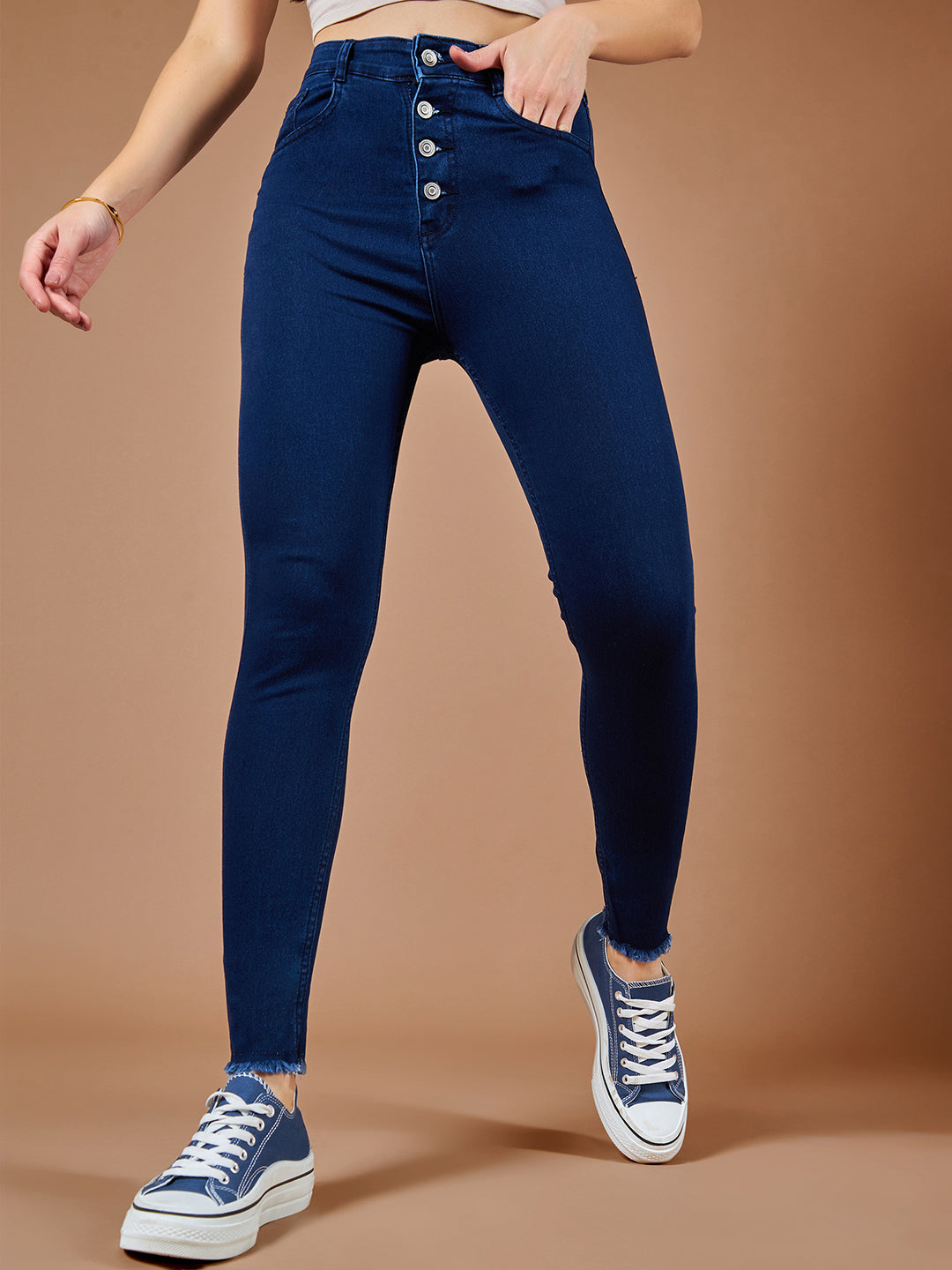 24/7 Comfort Navy-Blue Skinny High-Rise Fringed Hemline Cropped Stretchable Denim Jeans