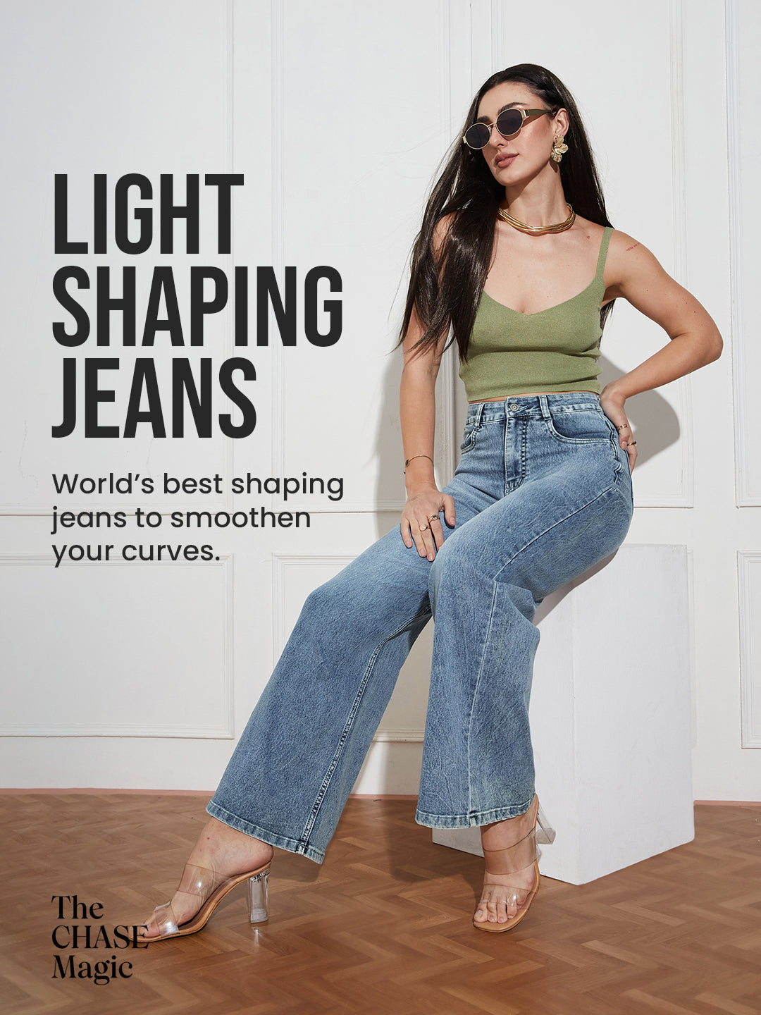 CHASEshape™ Women's Light Blue High Rise Clean Look Regular-Length Stretchable Denim Wide Leg Shaping Jeans