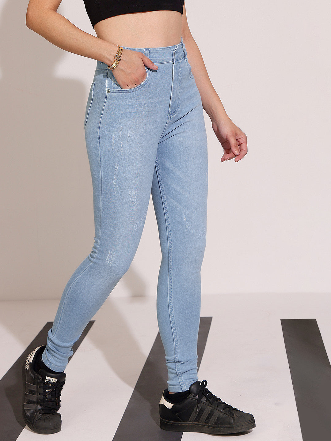 Women's Light Blue Skinny High-Rise Mild Distress Regular Stretchable Denim Jeans