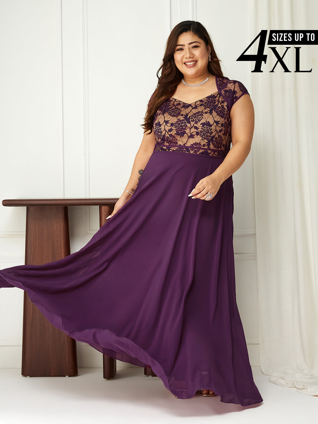 Dark Purple Floral Cap Sleeves Fit and Flare Lace Maxi Dress for Women Dark Purple Floral Cap Sleeves Fit and Flare Lace Maxi Dress for Women