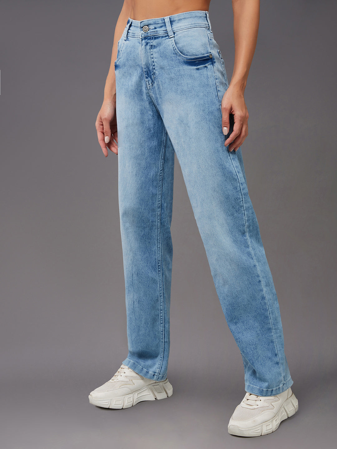 Women's Light Blue Wide-Leg Fit High Rise Clean Look Regular Length Stretchable Denim Jeans