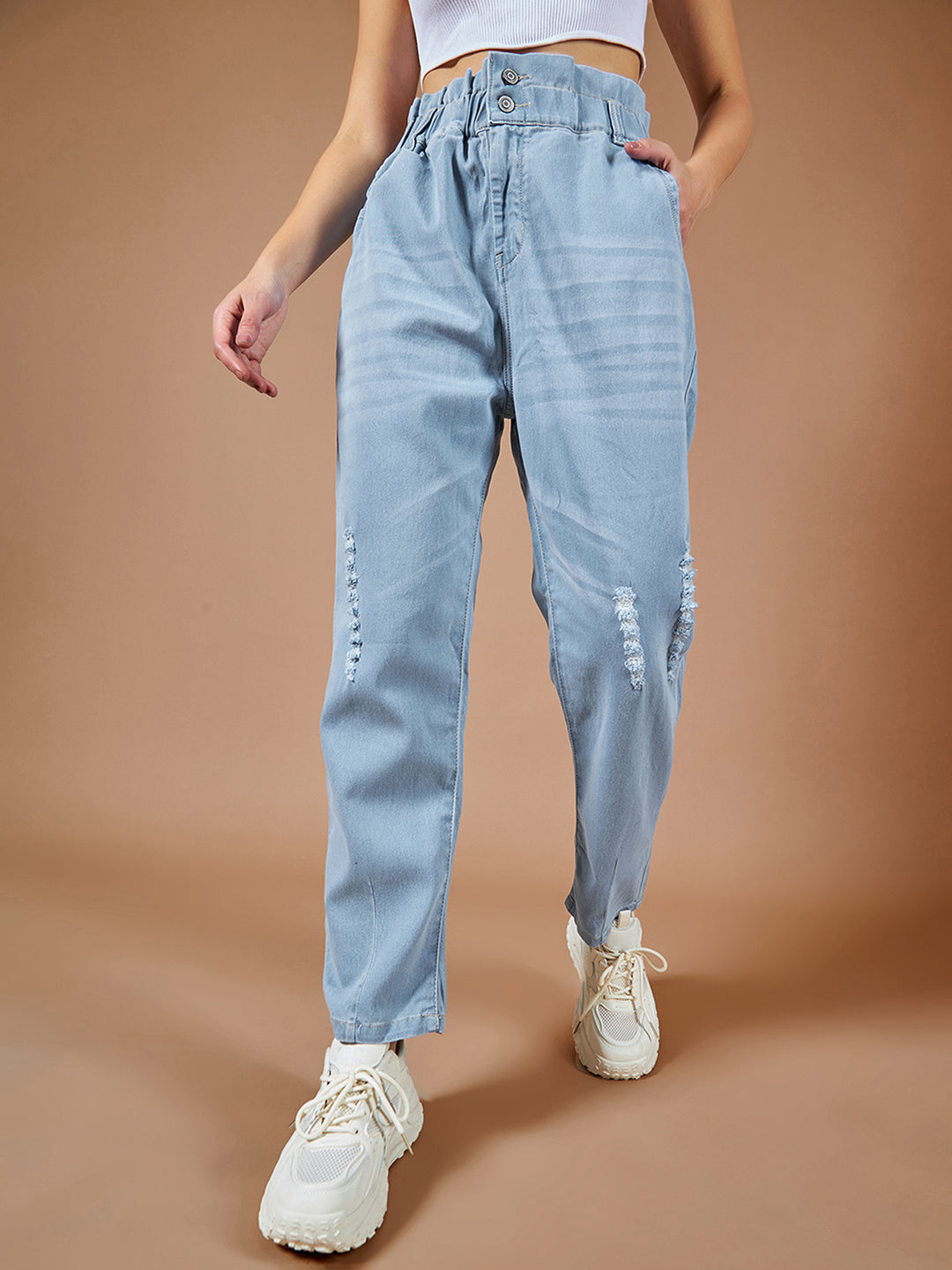 24/7 Comfort Light Blue Moms Jean High-Rise Mild Distress Stretchable Denim Jeans