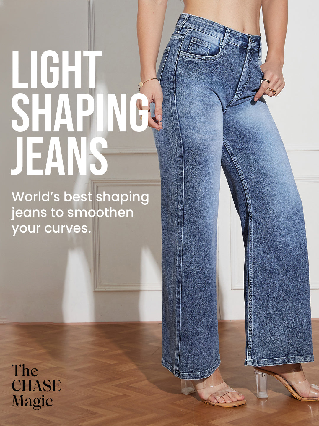 CHASEshape™ Women's Light Blue Wide-Leg High-Rise Clean-Look Regular-Length Stretchable Denim Jeans