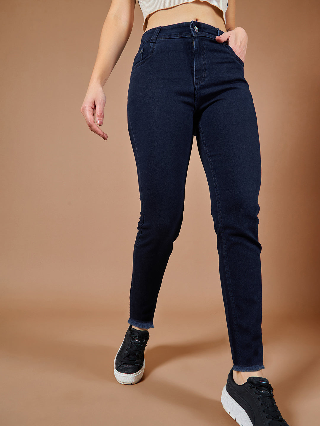 24/7 Comfort Navy-Blue Mid-Rise Solid Stretchable Denim Jeans