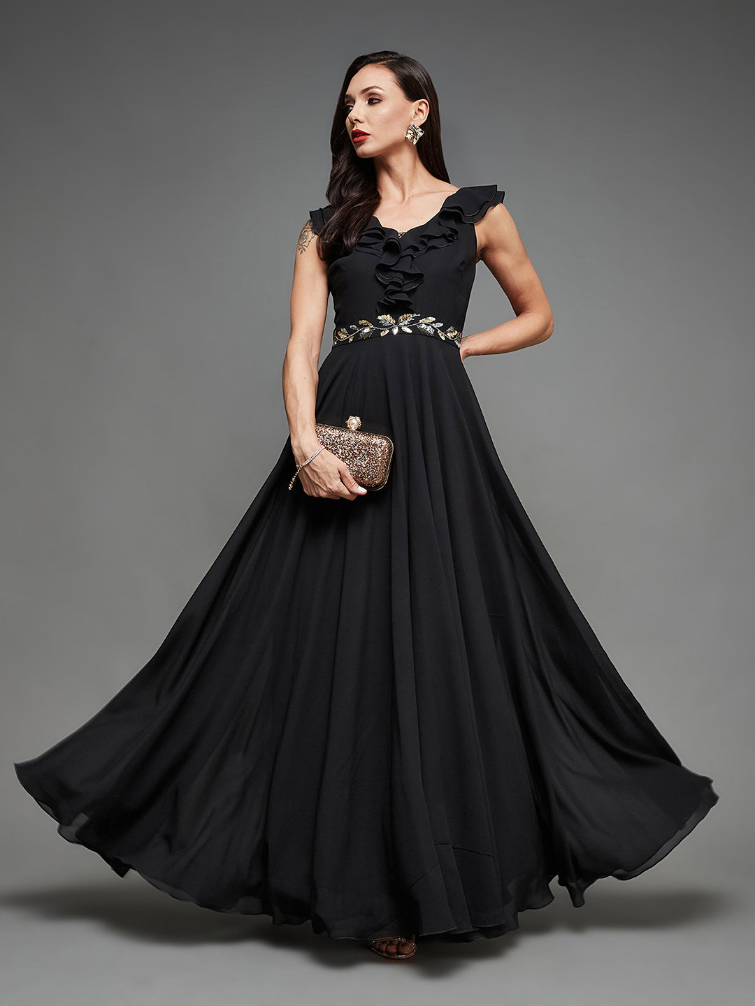 Cocktail Party Black Sleeveless Embroidered Ruffled Georgette Maxi Dre