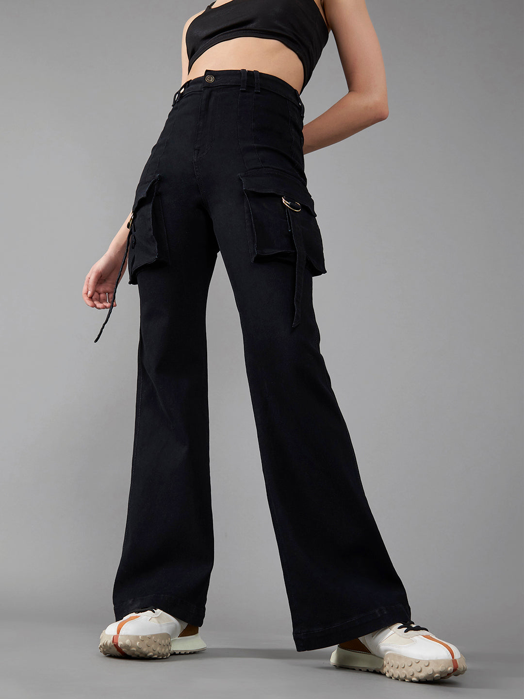 Women's Black Bootcut High-Rise Clean-Look Regular-Length Stretchable Denim Jeans