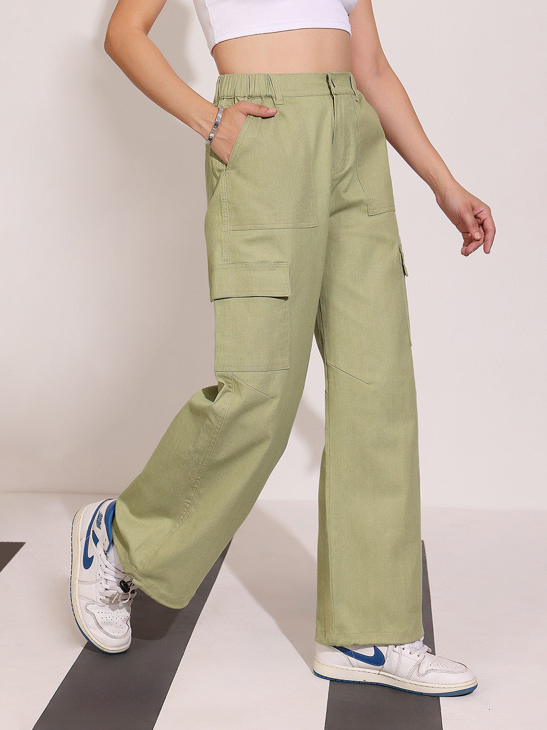 Olive Wide-Leg High-Rise Clean-Look Regular Stretchable Denim Denim Pant for Women