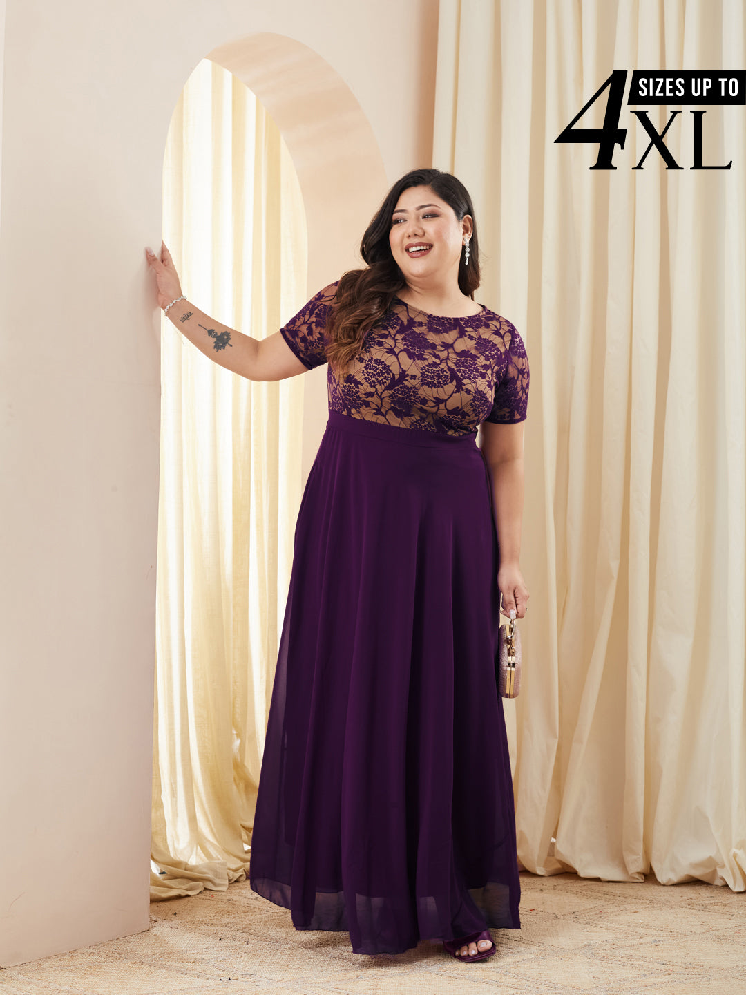 Dark Purple Short Sleeves Lace Fit and Flare Maxi Dress for Women