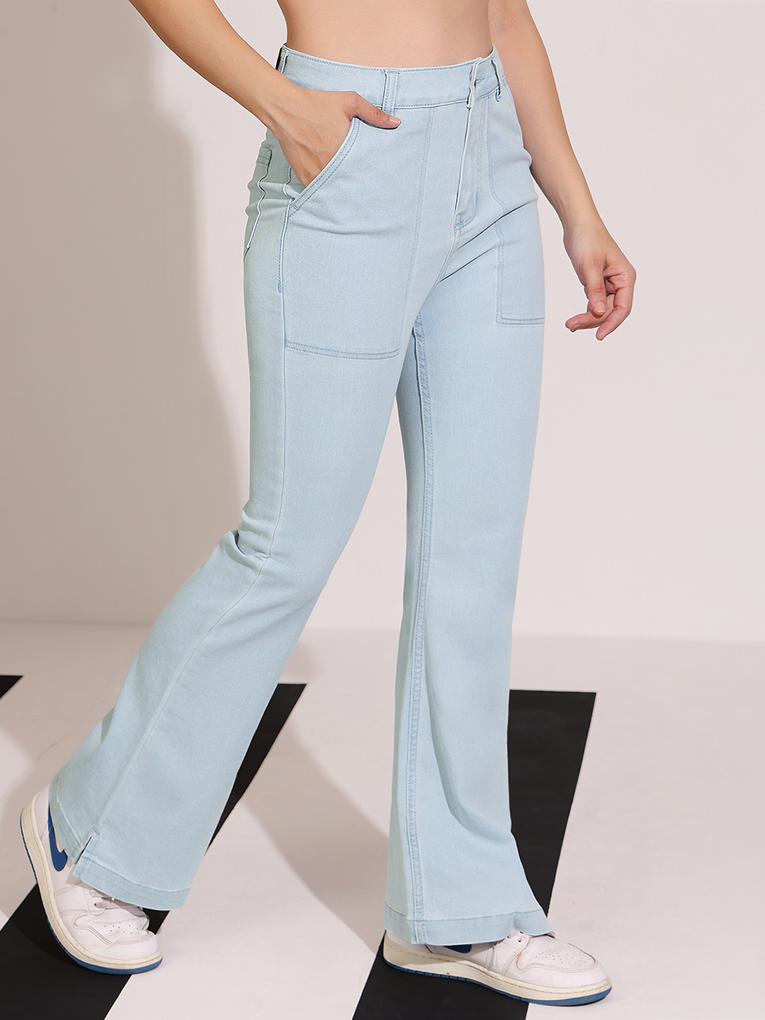 Light-Blue Bootcut High-Rise Regular Stretchable Denim Jeans for Women