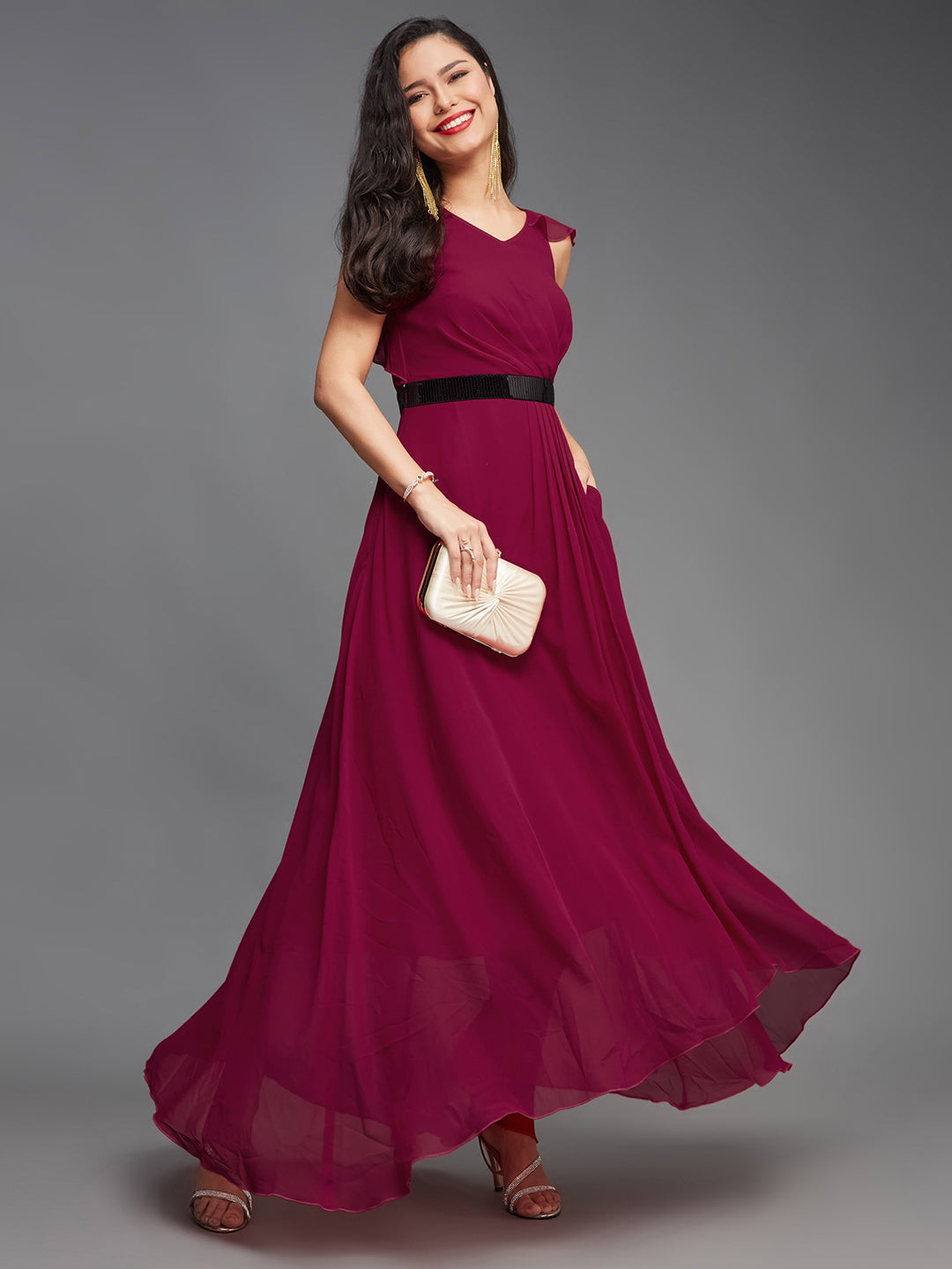 Dark Pink Solid Fit and Flare Maxi Dress Long Dress Frock with Black Sequinned Belt