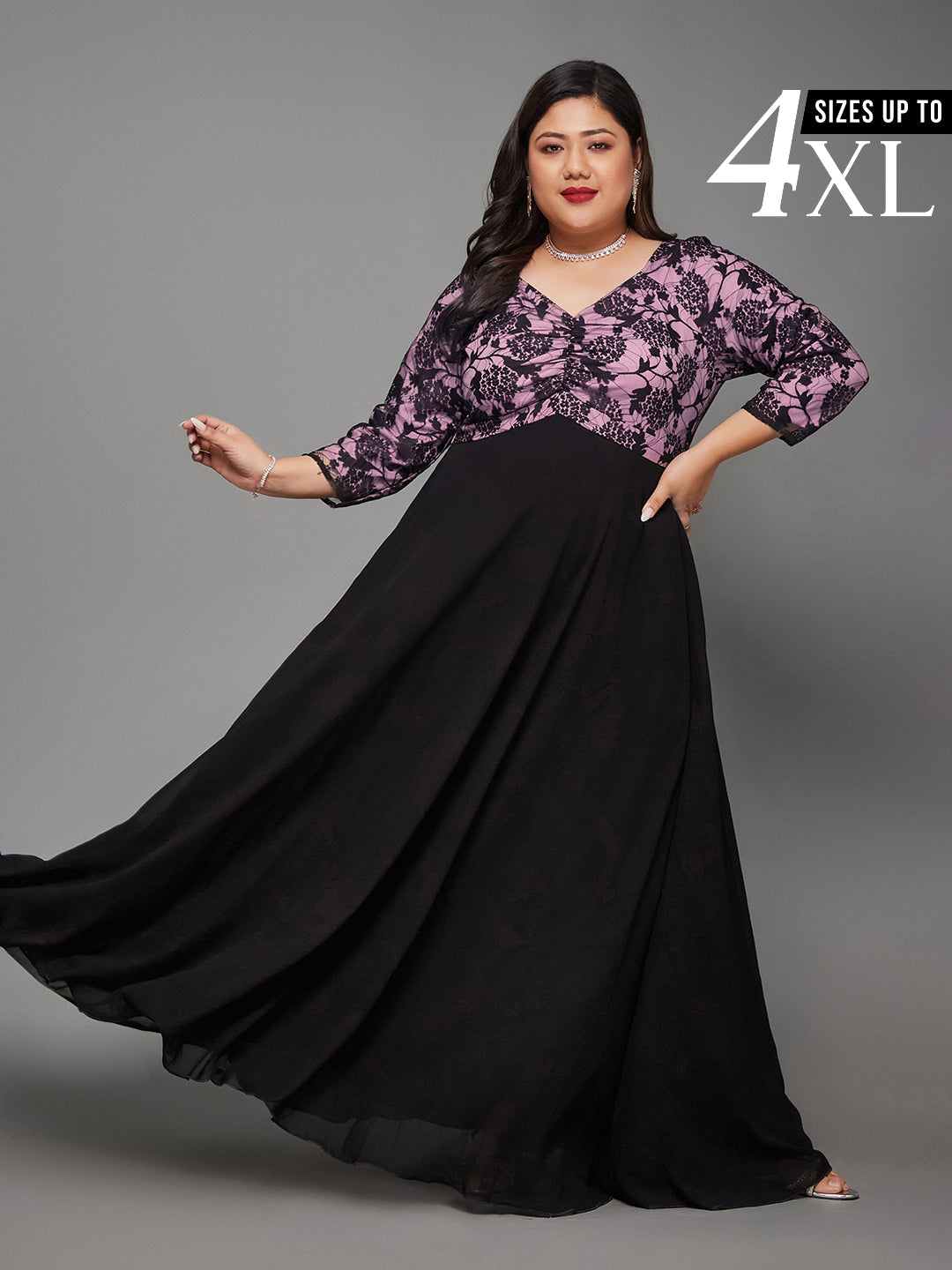 Black Long Sleeves Lace Empire Maxi Dress for Women