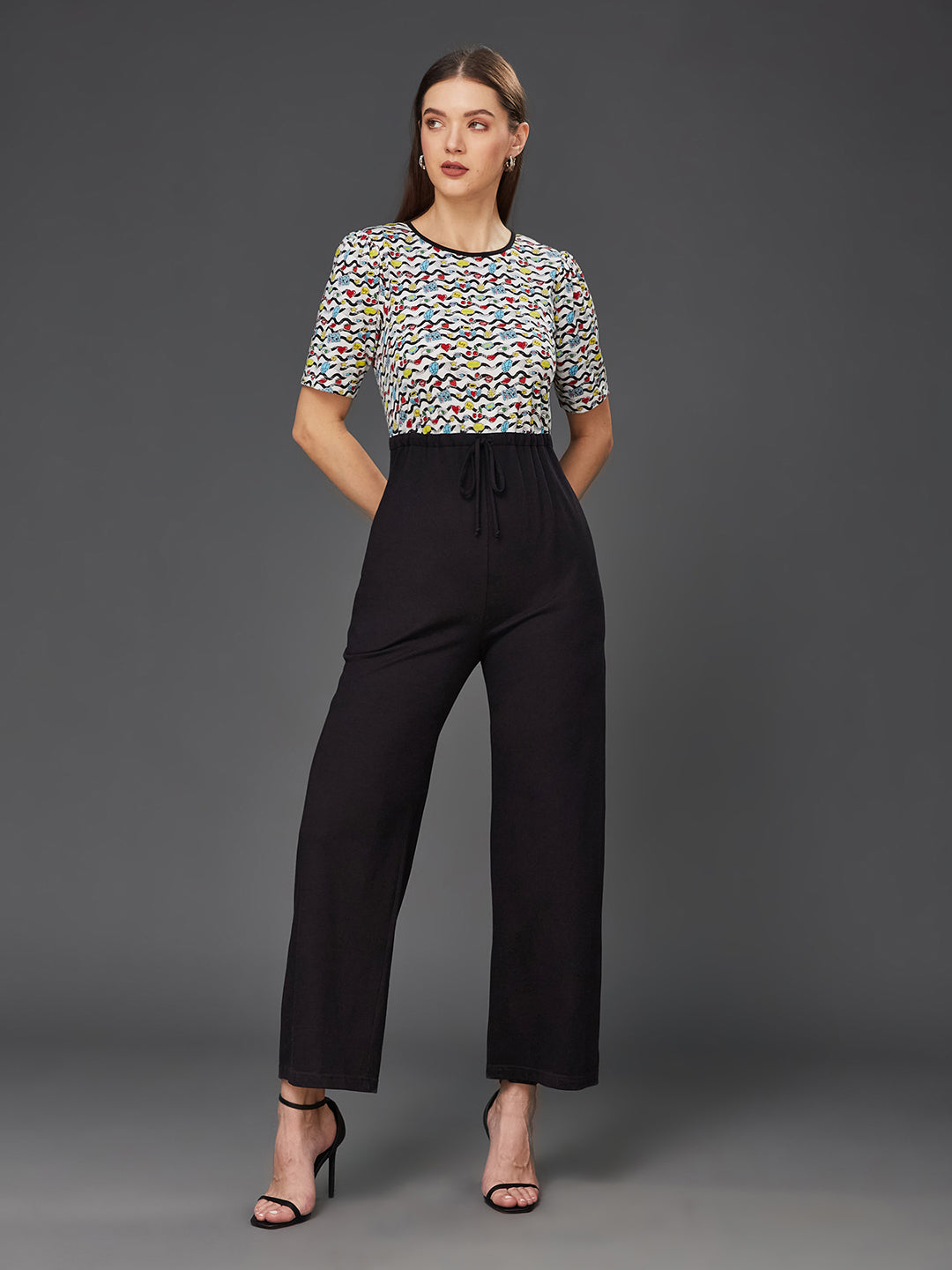 Women's Multicolored Round Neck Half Sleeve Conversational Waist Tie-Up Pure Cotton Regular-Length Jumpsuit