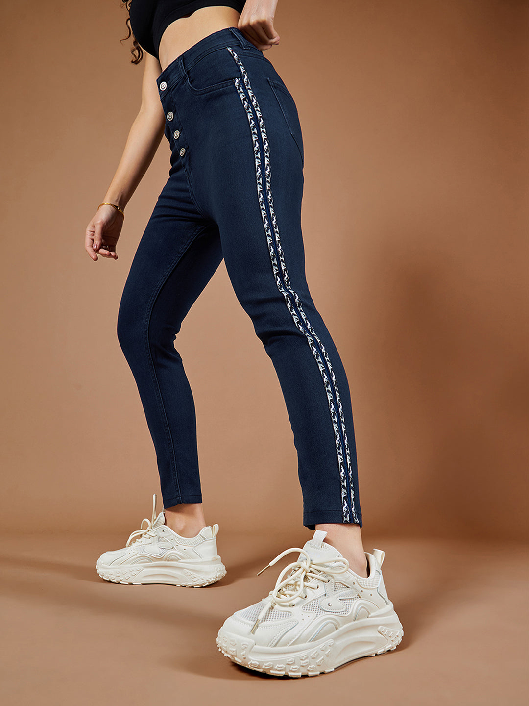 Women's Navy-Blue Skinny High-Rise Cropped Denim Jeans
