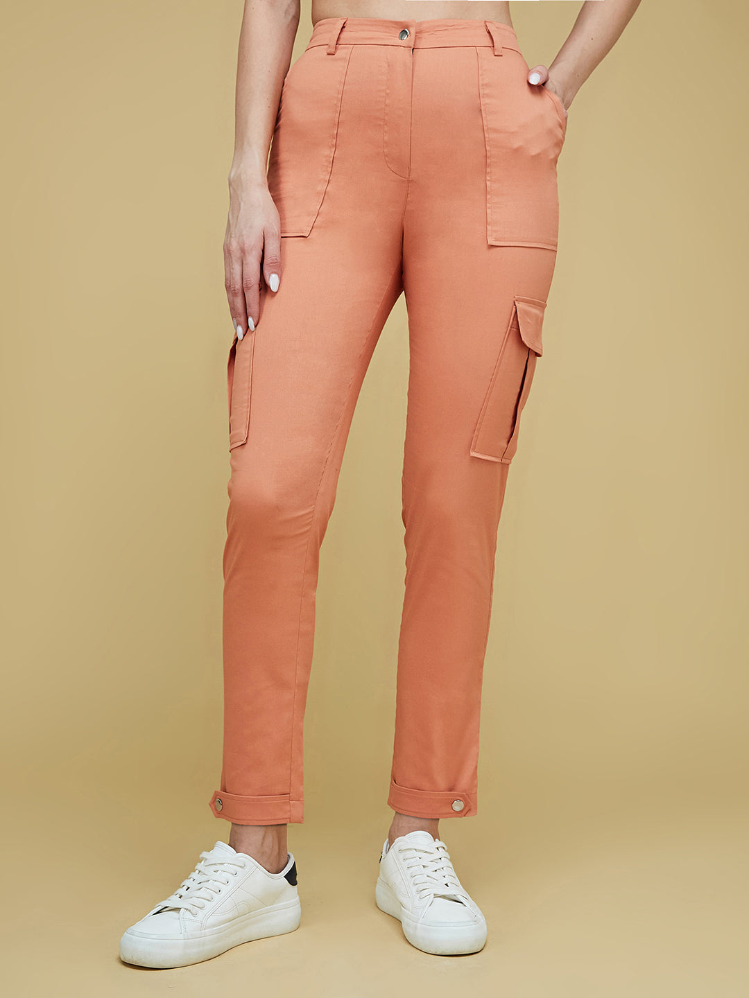 Women's Dusty Orange Solid Polyester High-Waist Regular Length Trousers
