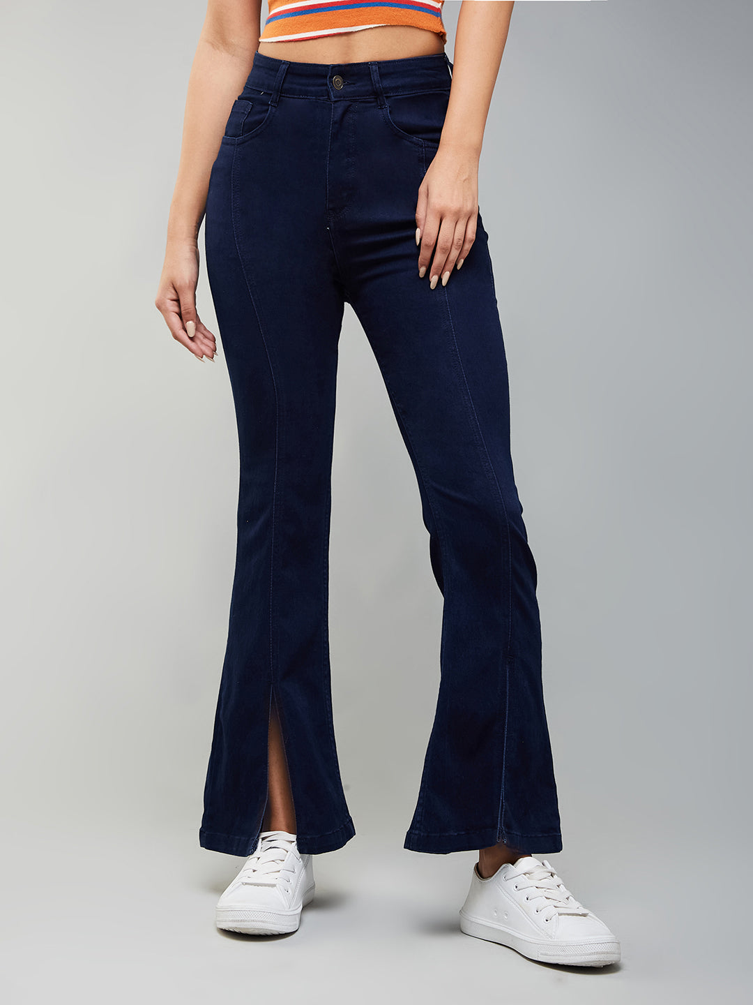 24/7 Comfort Navy-Blue Bell-Bottom Bootcut Hourglass High-Rise Stretchable Slit Denim Jeans