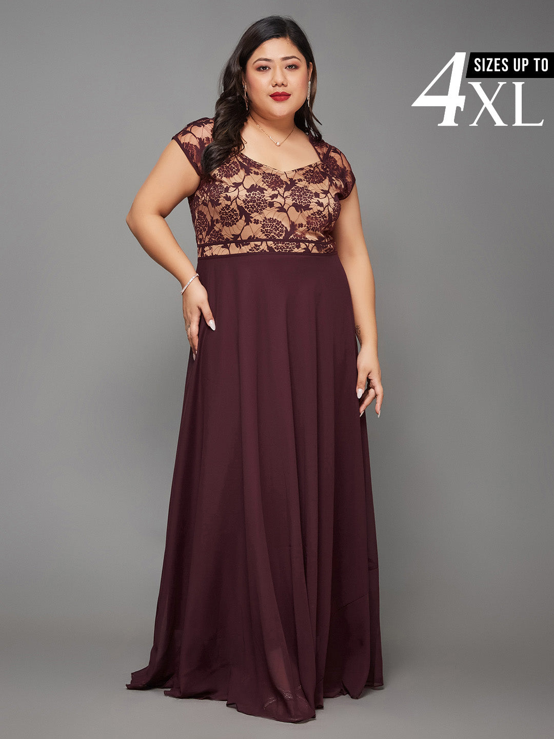 Wine Floral Cap Sleeves Fit and Flare Lace Maxi Dress for Women