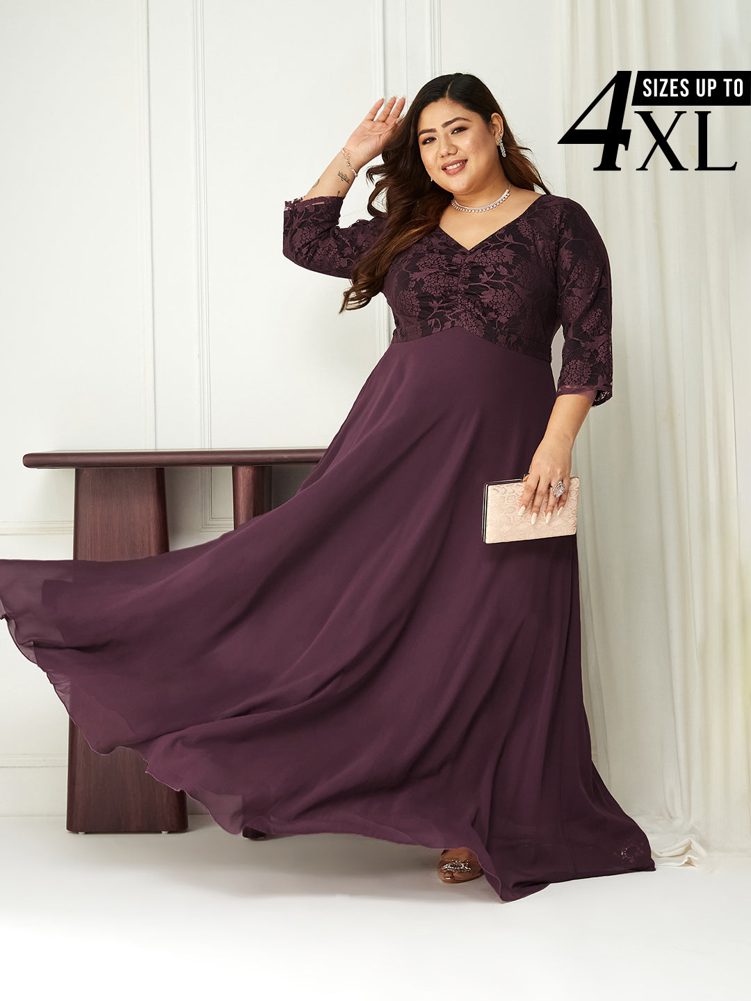 Mauve Long Sleeves Lace Empire Maxi Dress for Women