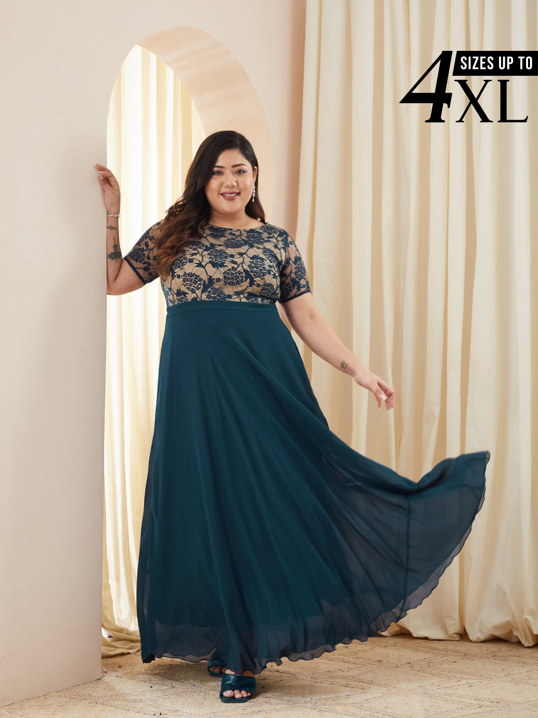Teal Short Sleeves Lace Fit and Flare Maxi Dress for Women