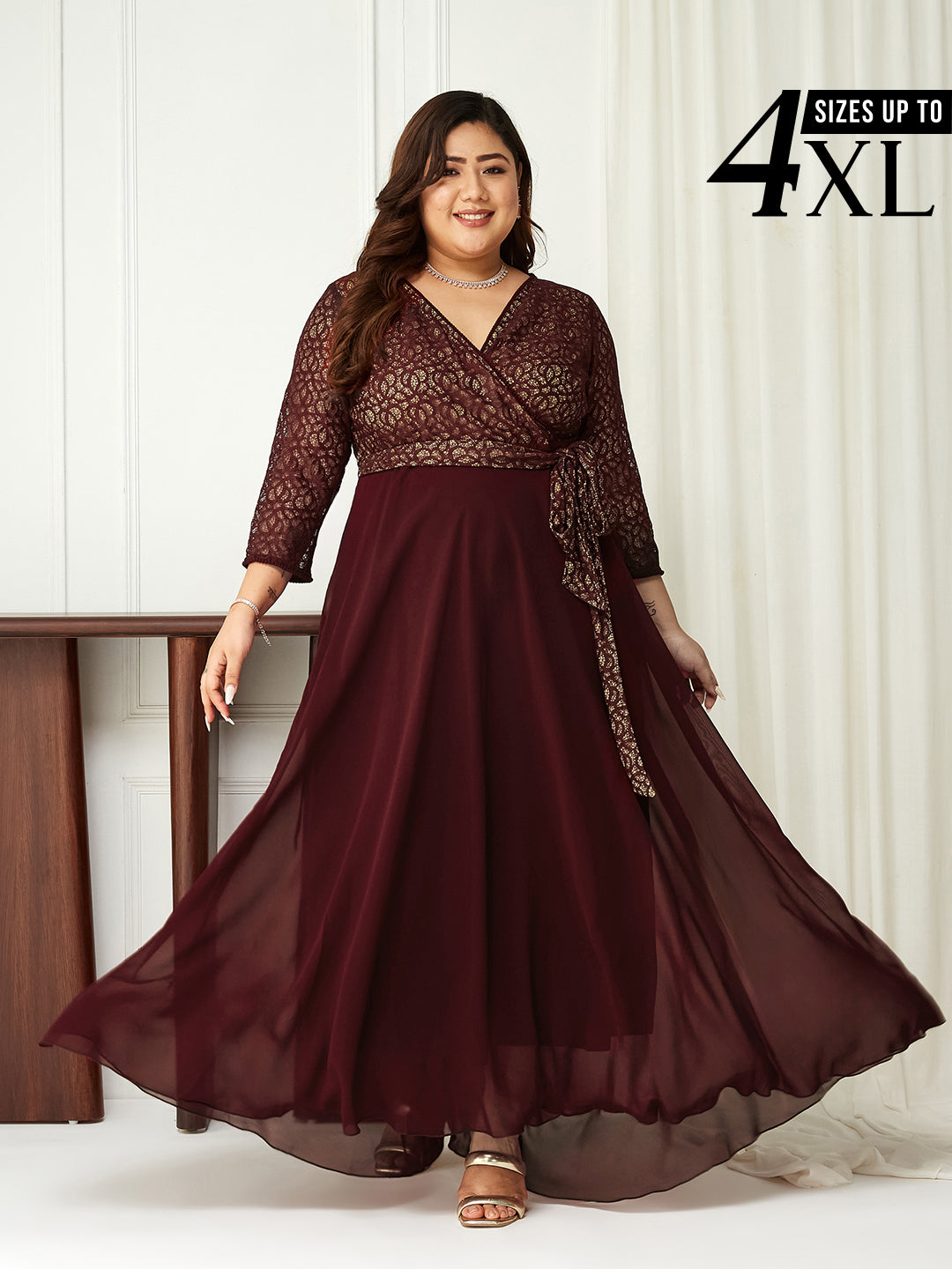Wine Long Sleeves Fit and Flare Wrap Maxi Dress with Lace Belt for Women