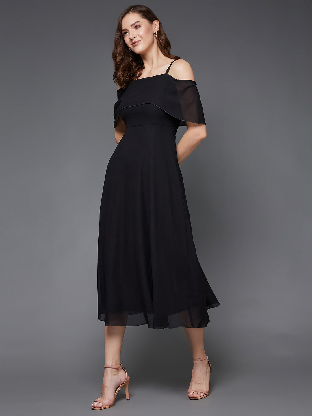 Black Bardot Style Sleeveless Spaghetti Strap Solid Off Shoulder Midi Skater Dress for Women — Miss Chase