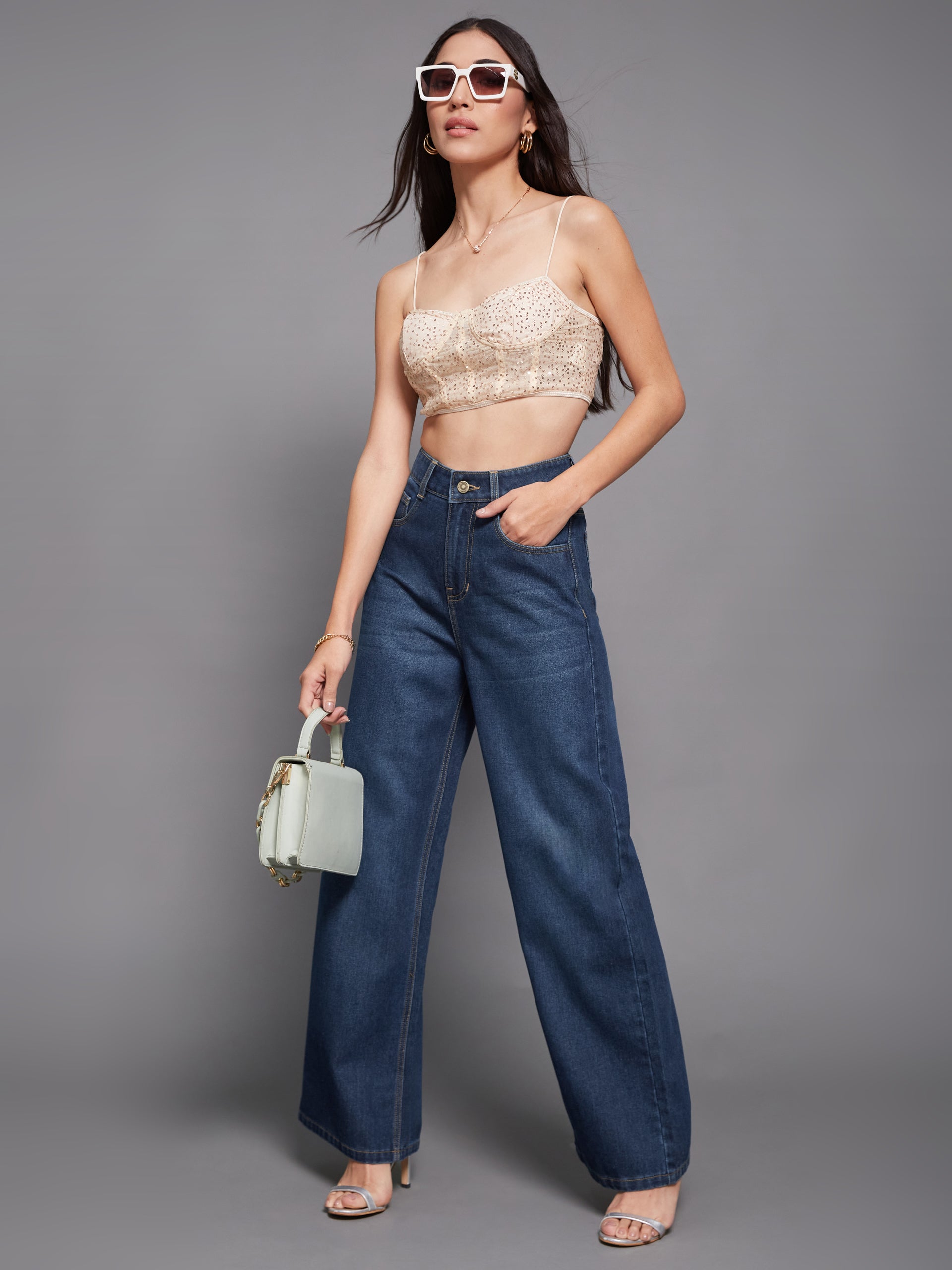 Women's Navy-Blue Wide-Leg High-Rise Clean-Look Regular-Length Denim Jeans