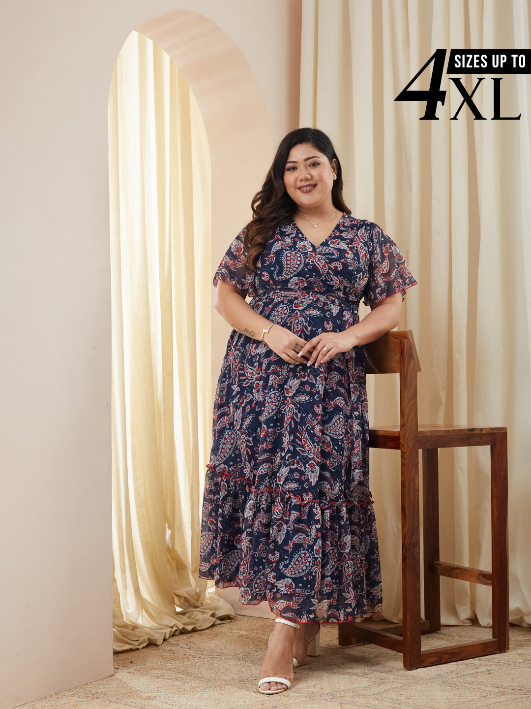 Navy Blue Floral Printed Flutter Sleeves Maxi Dress for Women