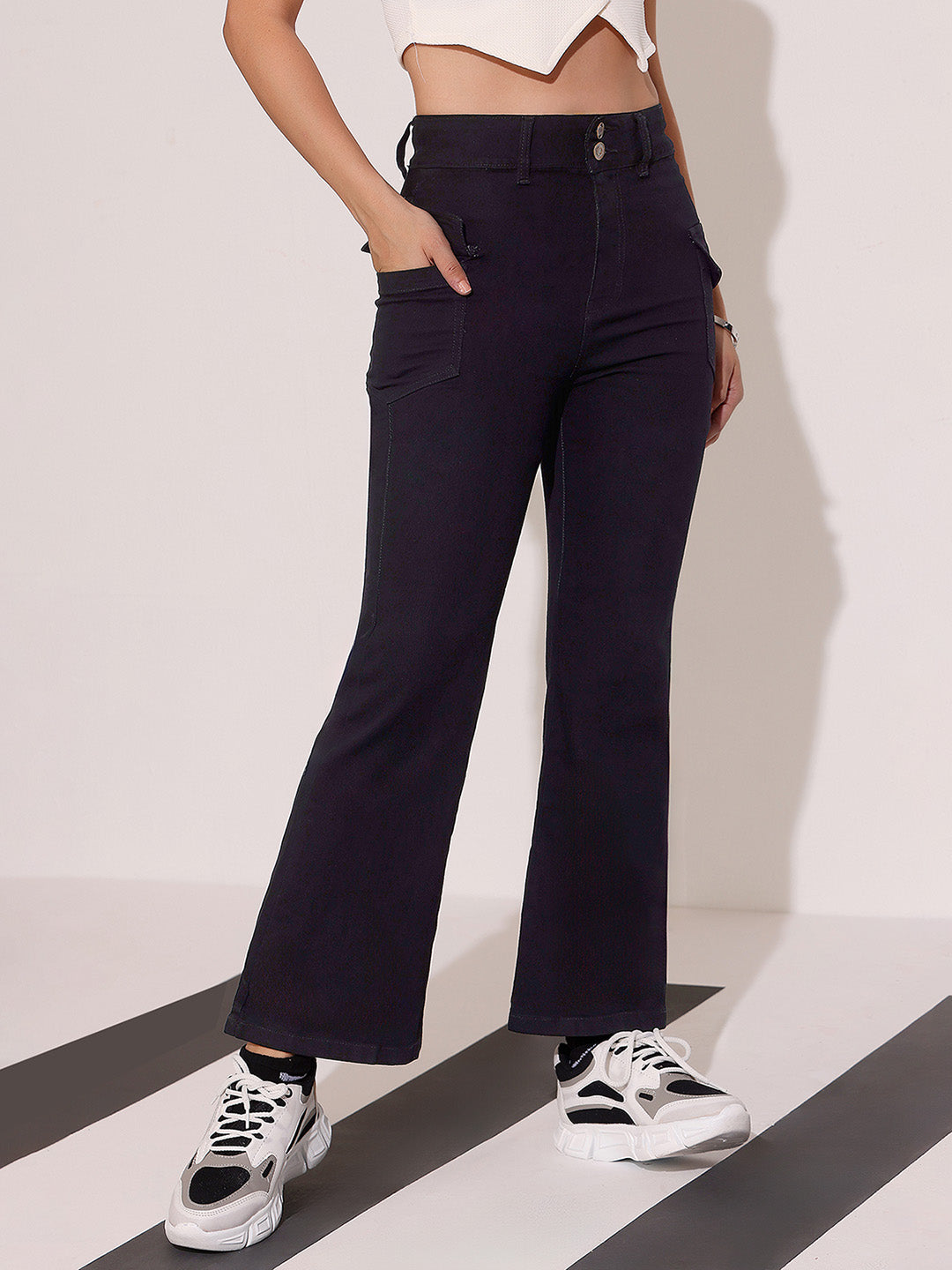 Black Bootcut High-Rise Clean-Look Regular-Length Stretchable Denim Jeans for Women