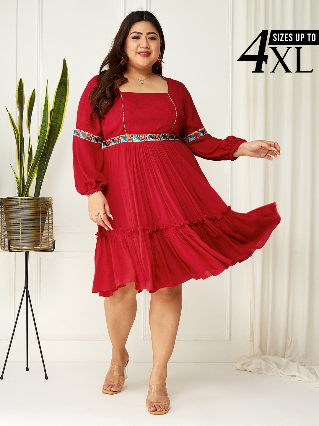 Body Bliss Red Viscose Rayon Solid Gathered Midi Dress for Women