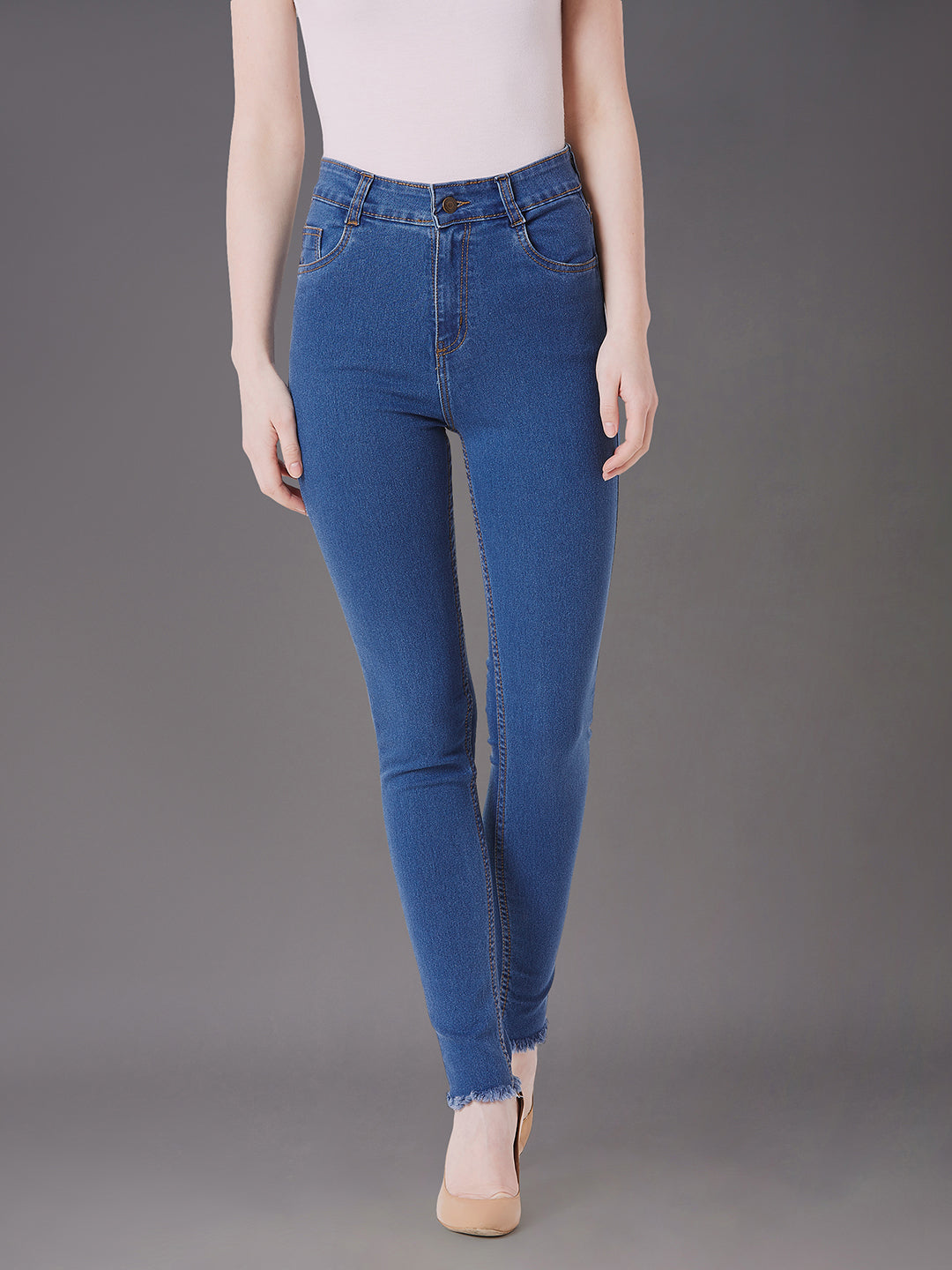 Women's Blue Skinny High-Rise Cropped-Length Fringe Detailing Stretchable Denim Jeans