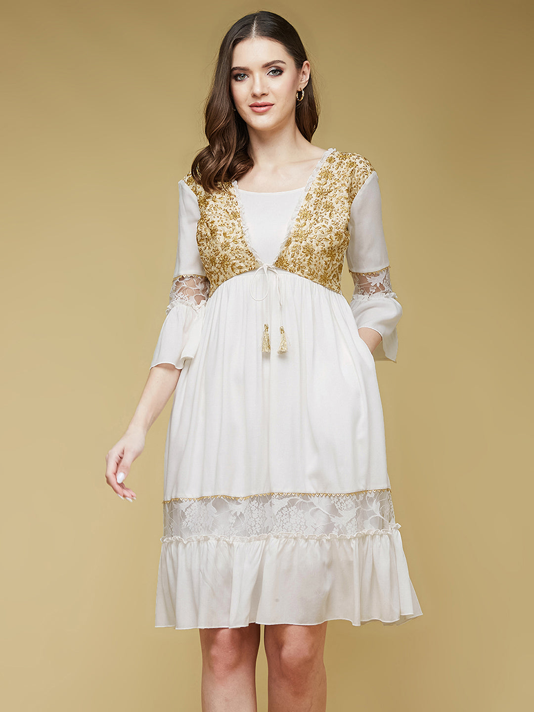 Women's Off-White Square Neck Ruffled Sleeve Viscose Rayon Embroidered