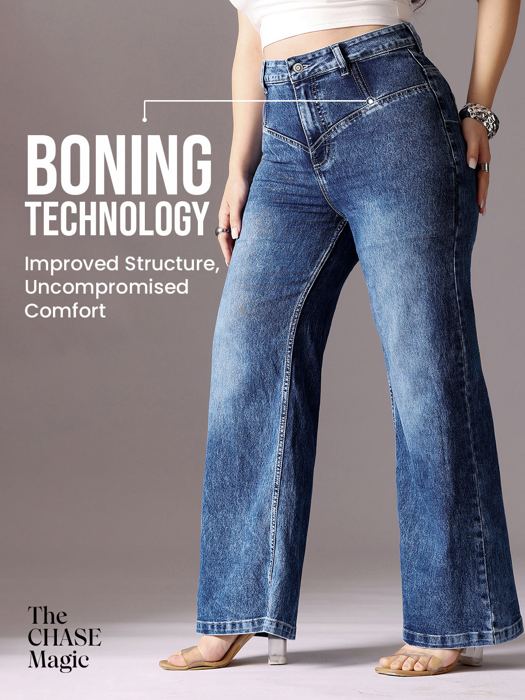 CHASEshape™ Mid-Blue Wide-Leg High-Rise Clean-Look Stretchable Denim Jeans