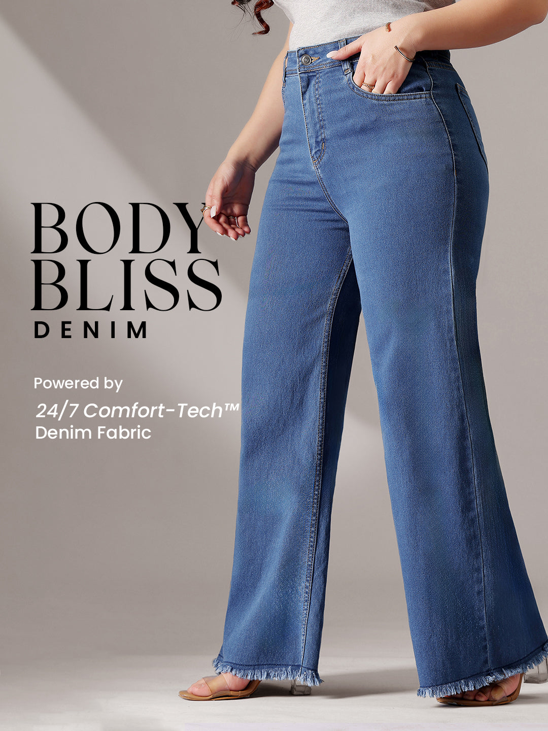 Body Bliss Mid-Blue Wide-Leg High-Rise Clean-Look Regular-Length Stretchable Denim Jeans for Women