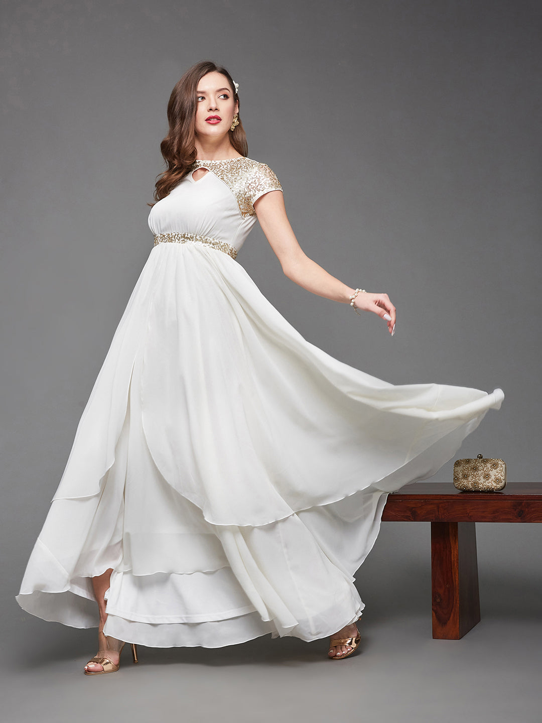 Women's Off White Short Sleeve Sequin Party Georgette Maxi Dress