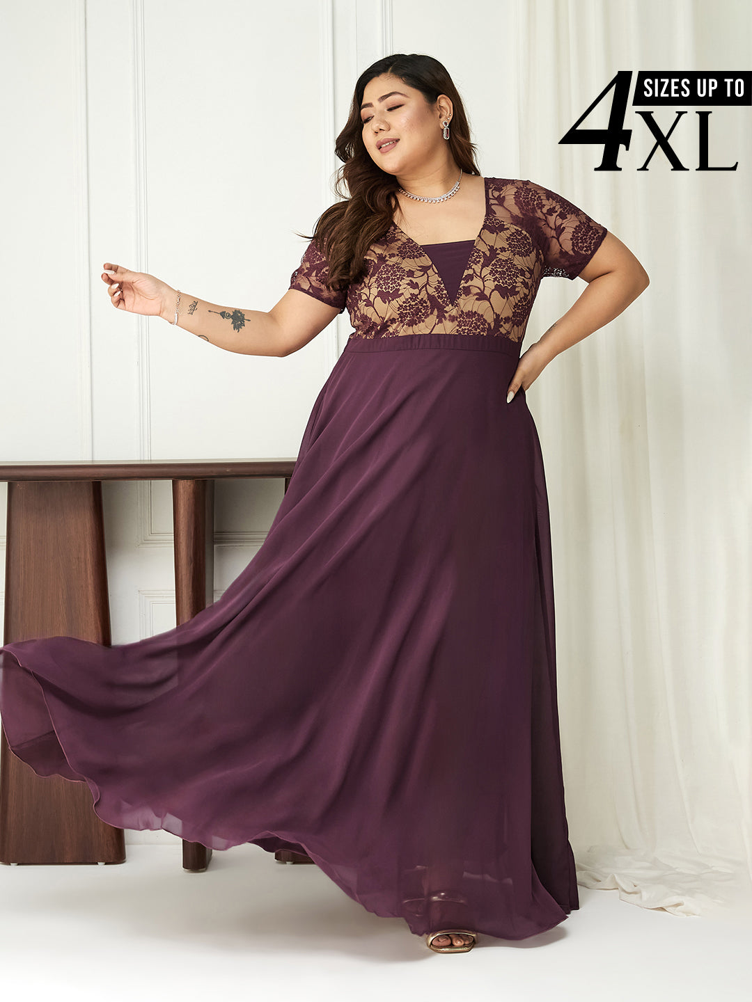 Mauve Short Sleeves Lace Fit and Flare Maxi Dress for Women
