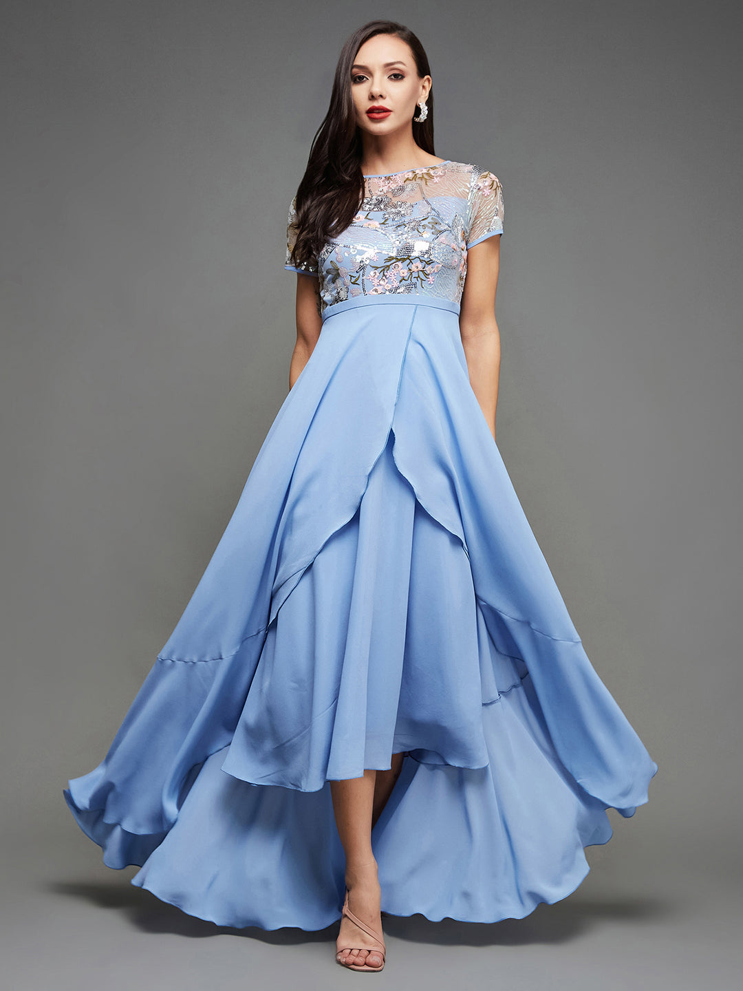 Women's Multicolored-Base-Sky Blue Round Neck Short Sleeve Floral Laye